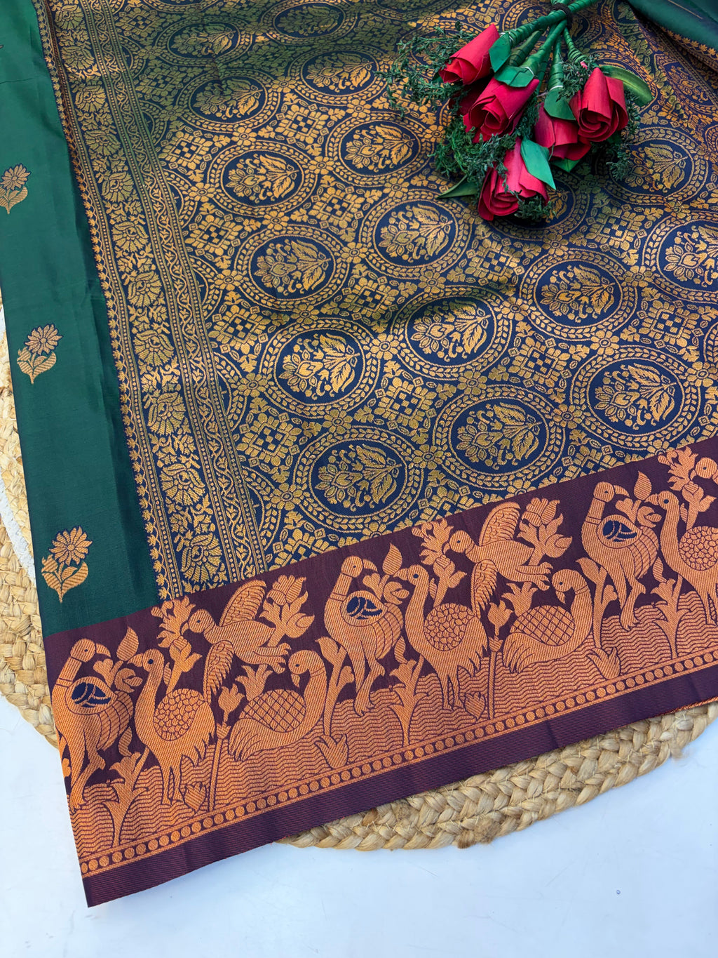 Soft Silk Saree Dark Green Colour With Brown Border - (KCSSS17)