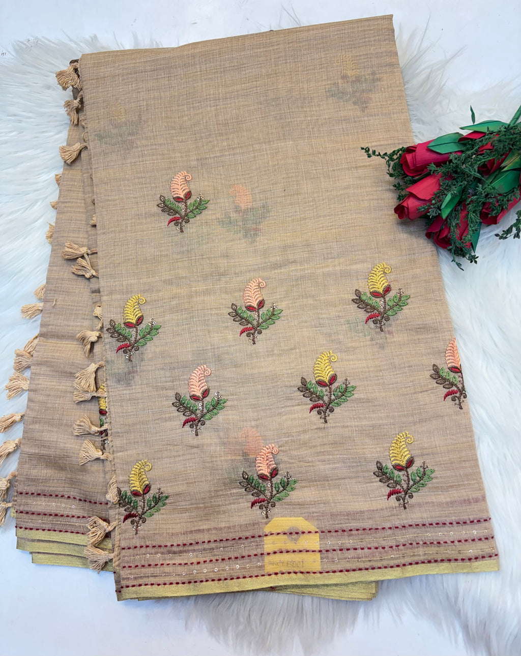 Lenin Embroidery saree Light Pastel Creamish colour- KCLB002