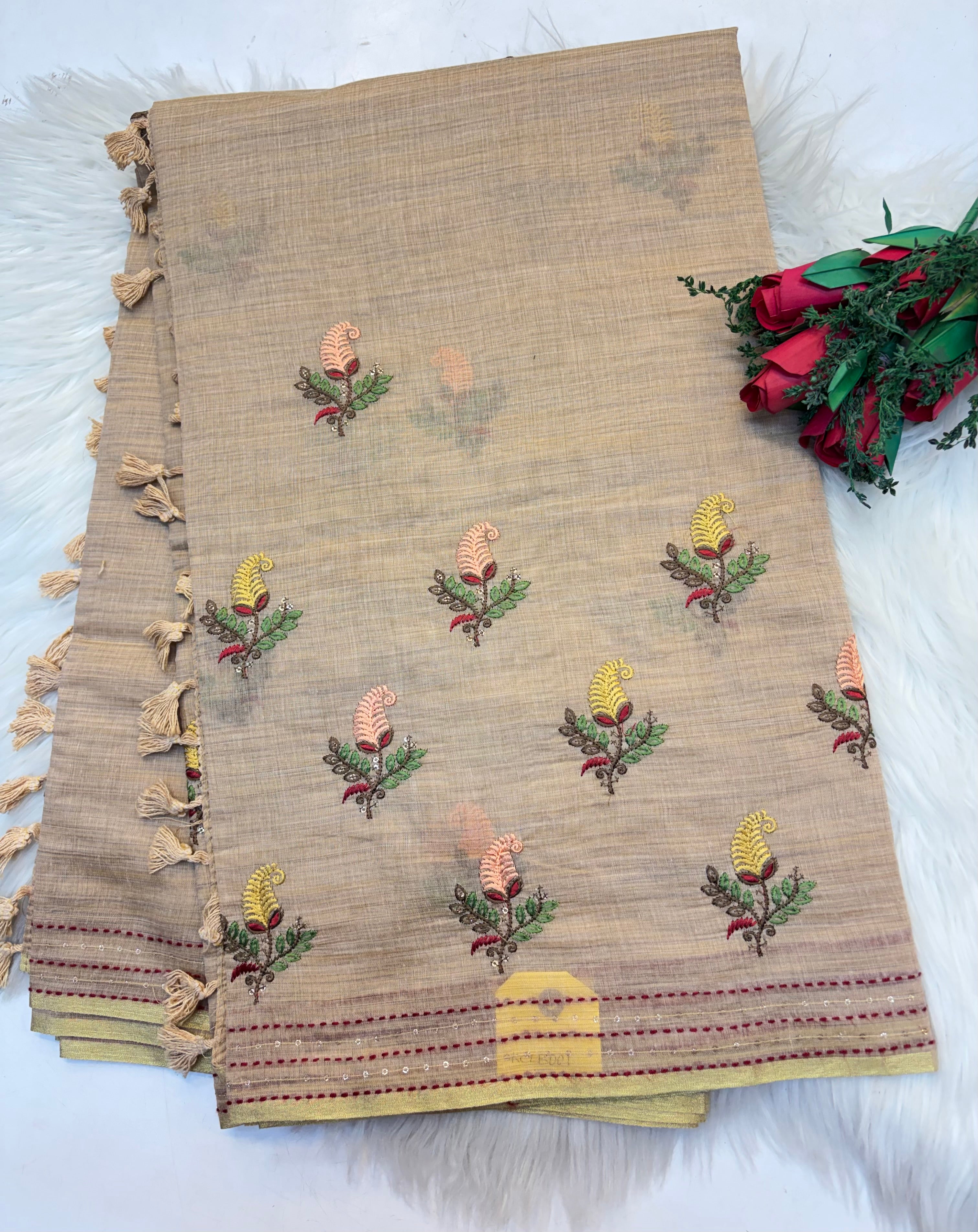 Lenin Embroidery saree Light Pastel Creamish colour- KCLB002