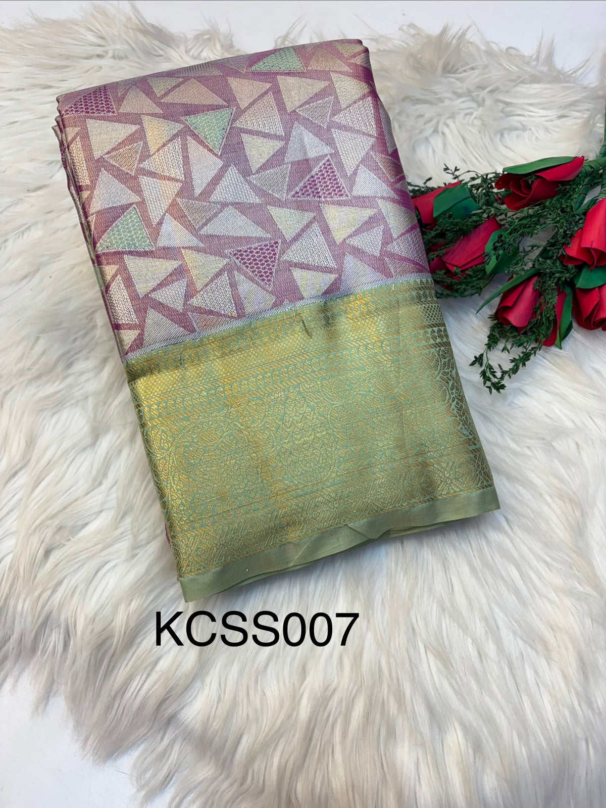 Geometric Silk Saree Pastel Lavender  With Apple Green Border  -(KCSS007) (Copy)