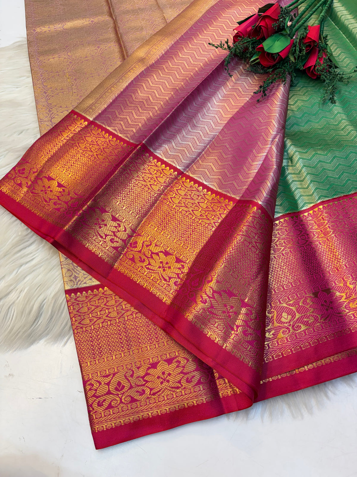 Parallel Lines Silk Saree Greenish With Contrast Red Border - (KCSS0010)