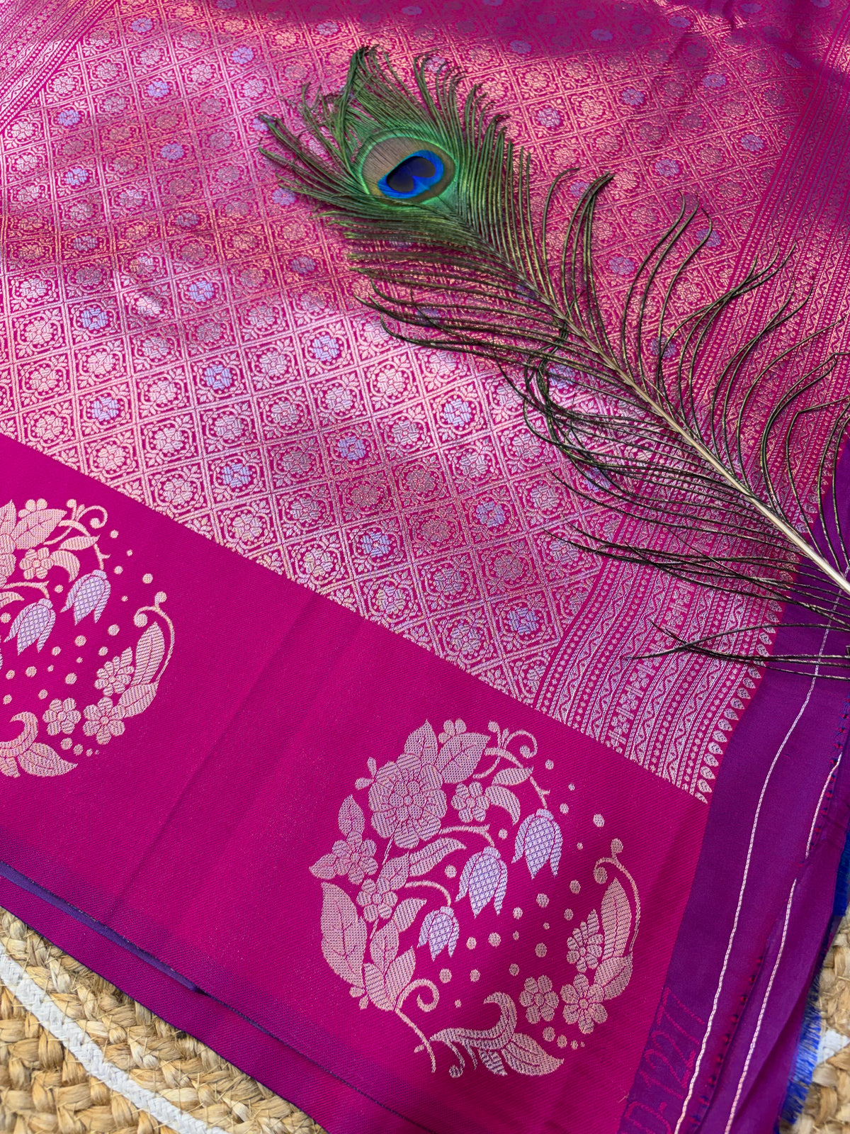 Soft Silk Saree Peacock Blue    Colour With Rani Pink Border -(KCSSS013)