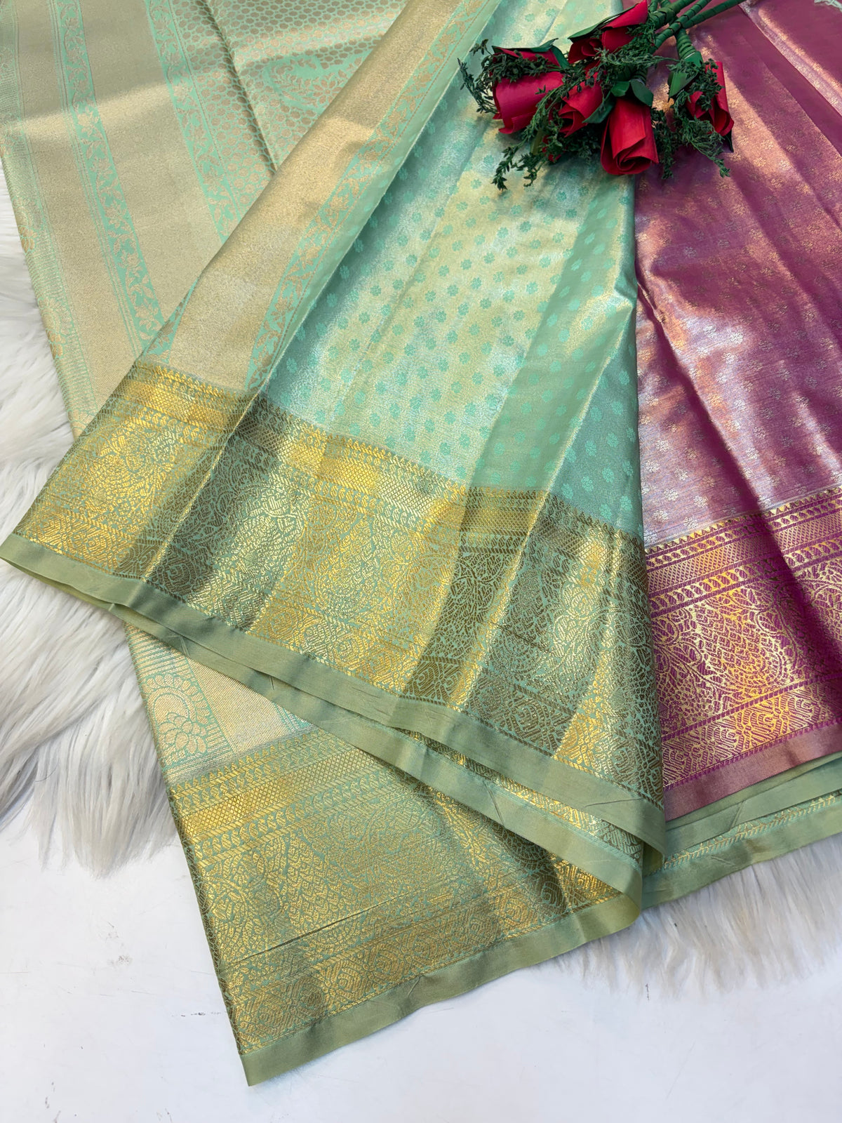 Geometric Silk Saree Pastel Lavender  With Apple Green Border  -(KCSS007) (Copy)