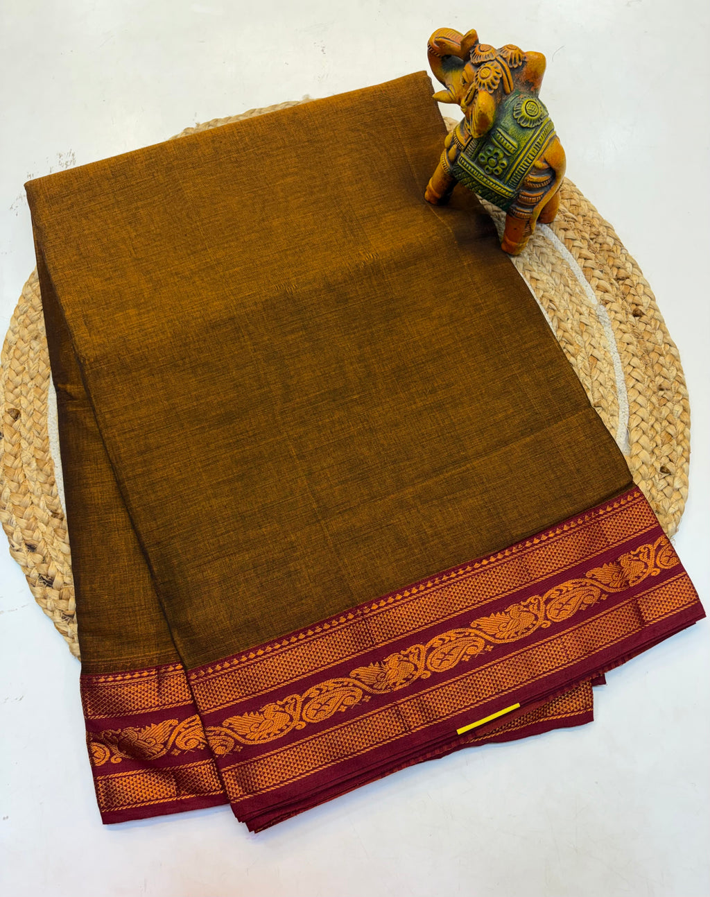 Kanchi cotton saree Mustard and Contrast Maroon Border - KCKCS002