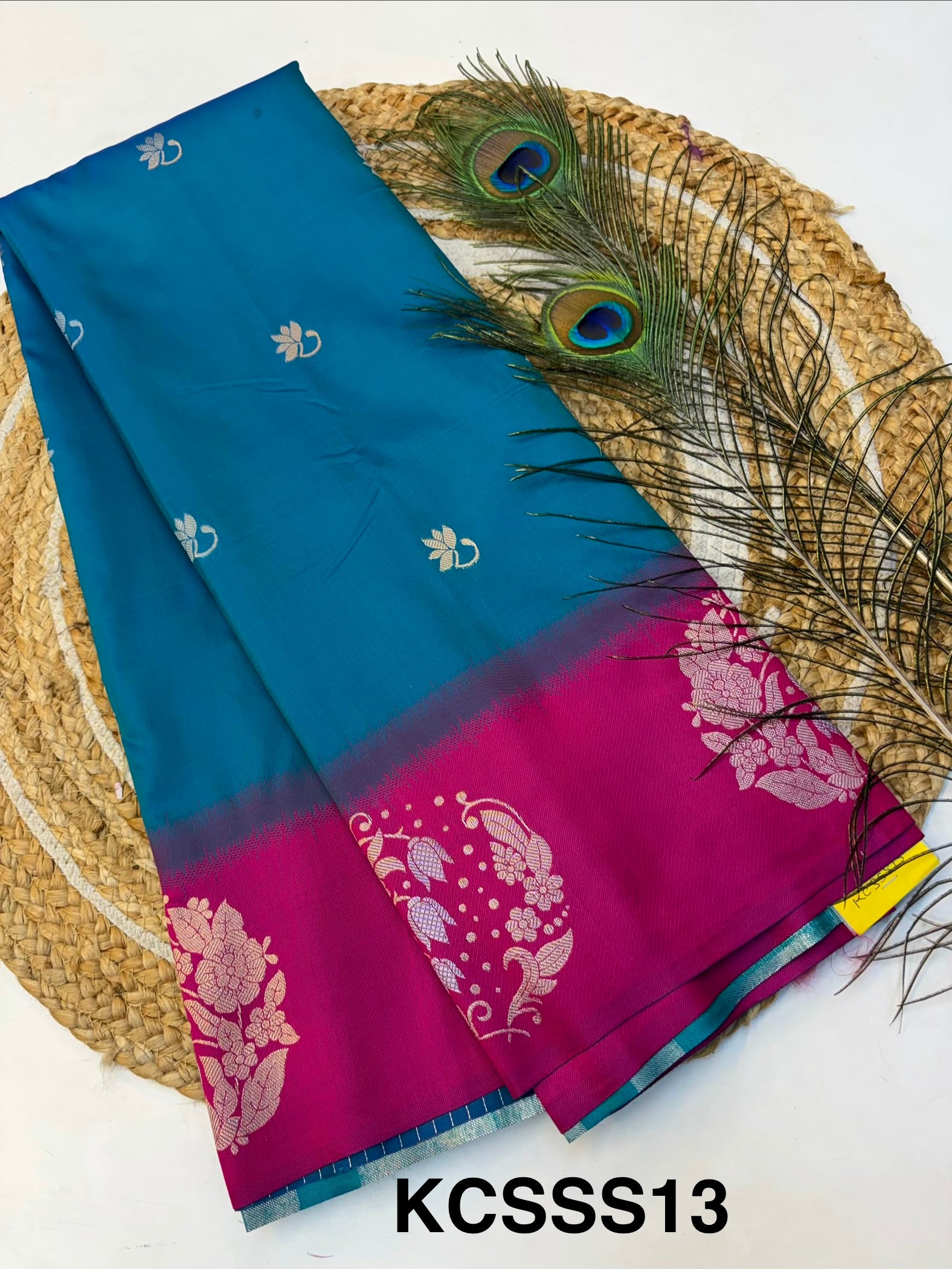 Soft Silk Saree Peacock Blue    Colour With Rani Pink Border -(KCSSS013)