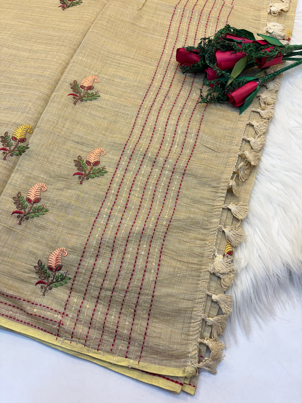 Lenin Embroidery saree Light Ellaich colour- KCLB003