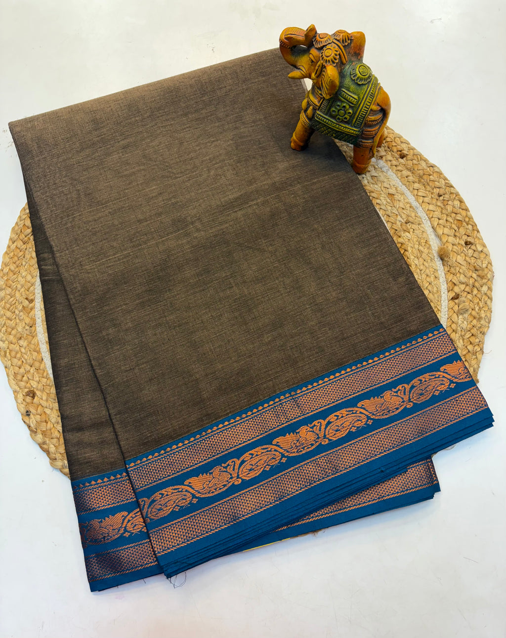 Kanchi cotton saree Grey and Contrast BlueBorder - KCKCS008