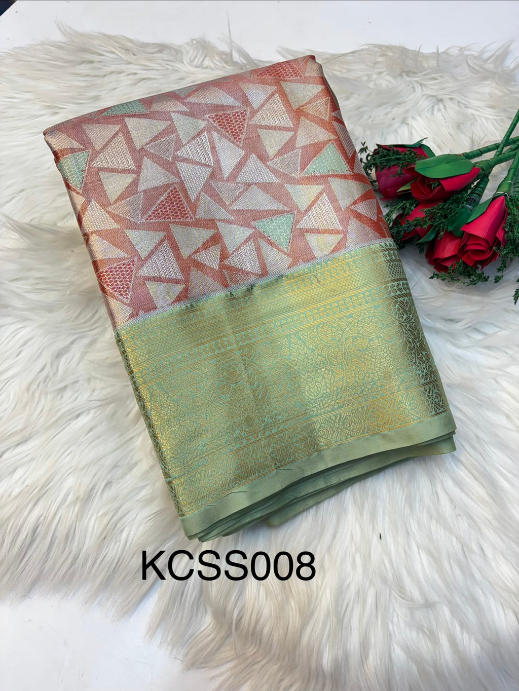 Geometric Silk Saree Onion Pink With  Apple Green Border  -(KCSS008) (Copy 2)