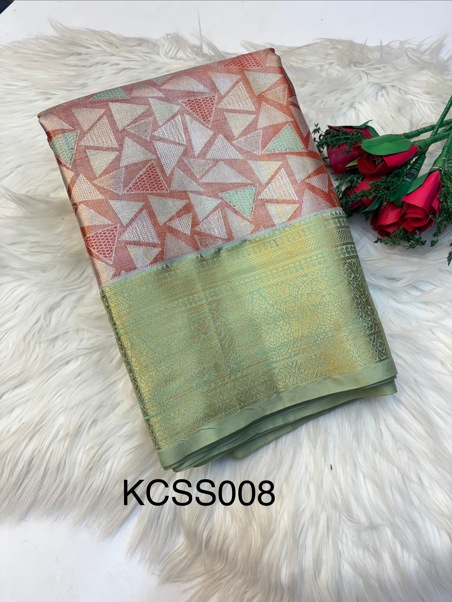 Geometric Silk Saree Onion Pink With  Apple Green Border  -(KCSS008) (Copy 2)