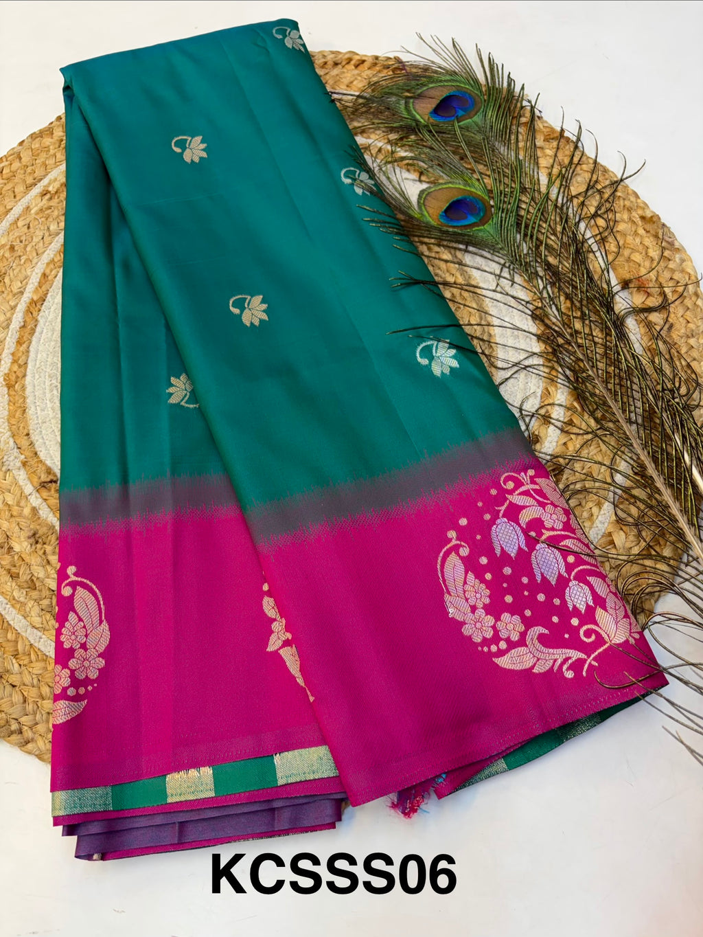 Soft Silk Saree Peacock Green Colour With Rani Pink Border -(KCSSS06)