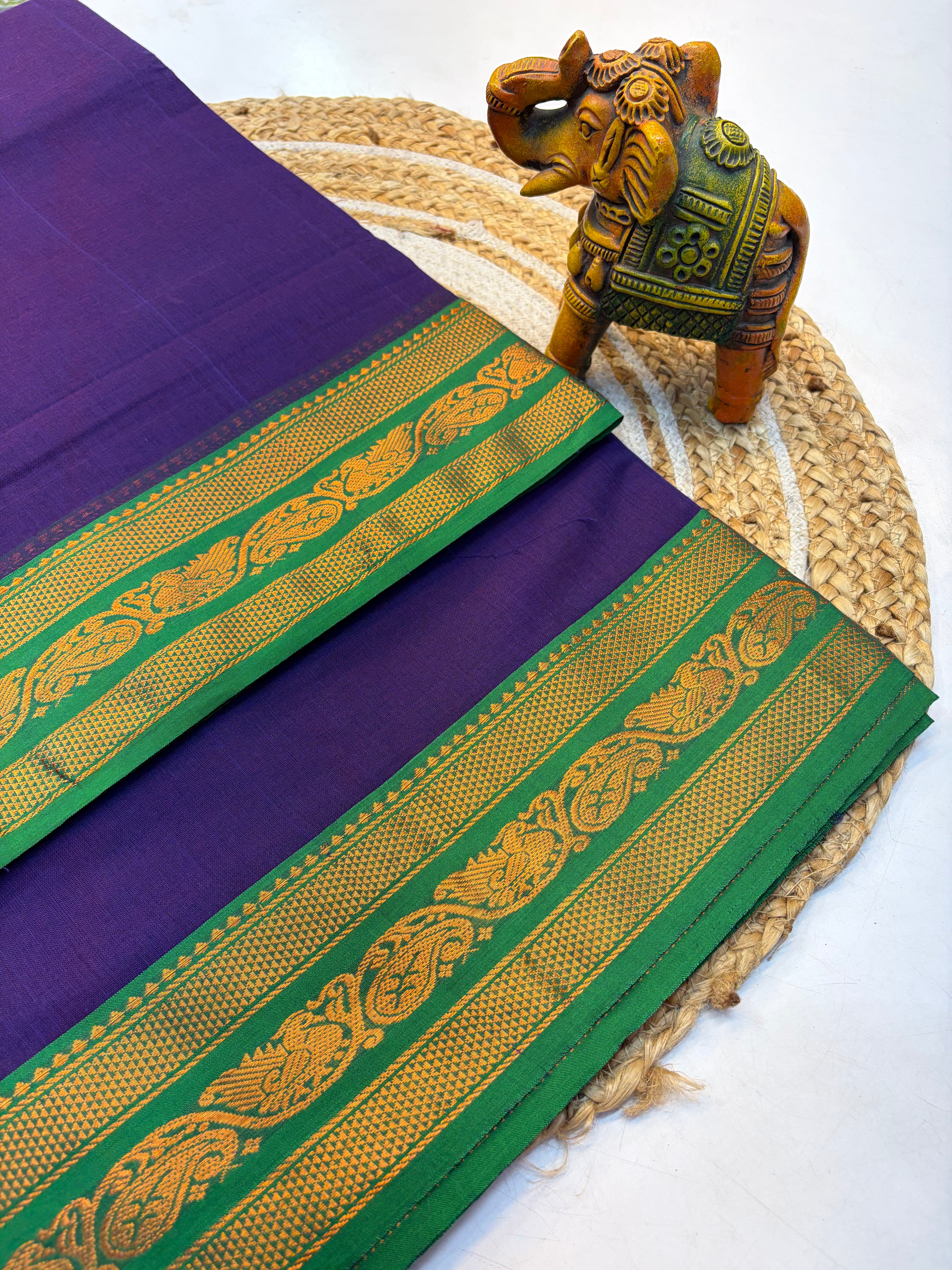 Kanchi cotton saree Dark Purple and Contrast Green Border - KCKCS004