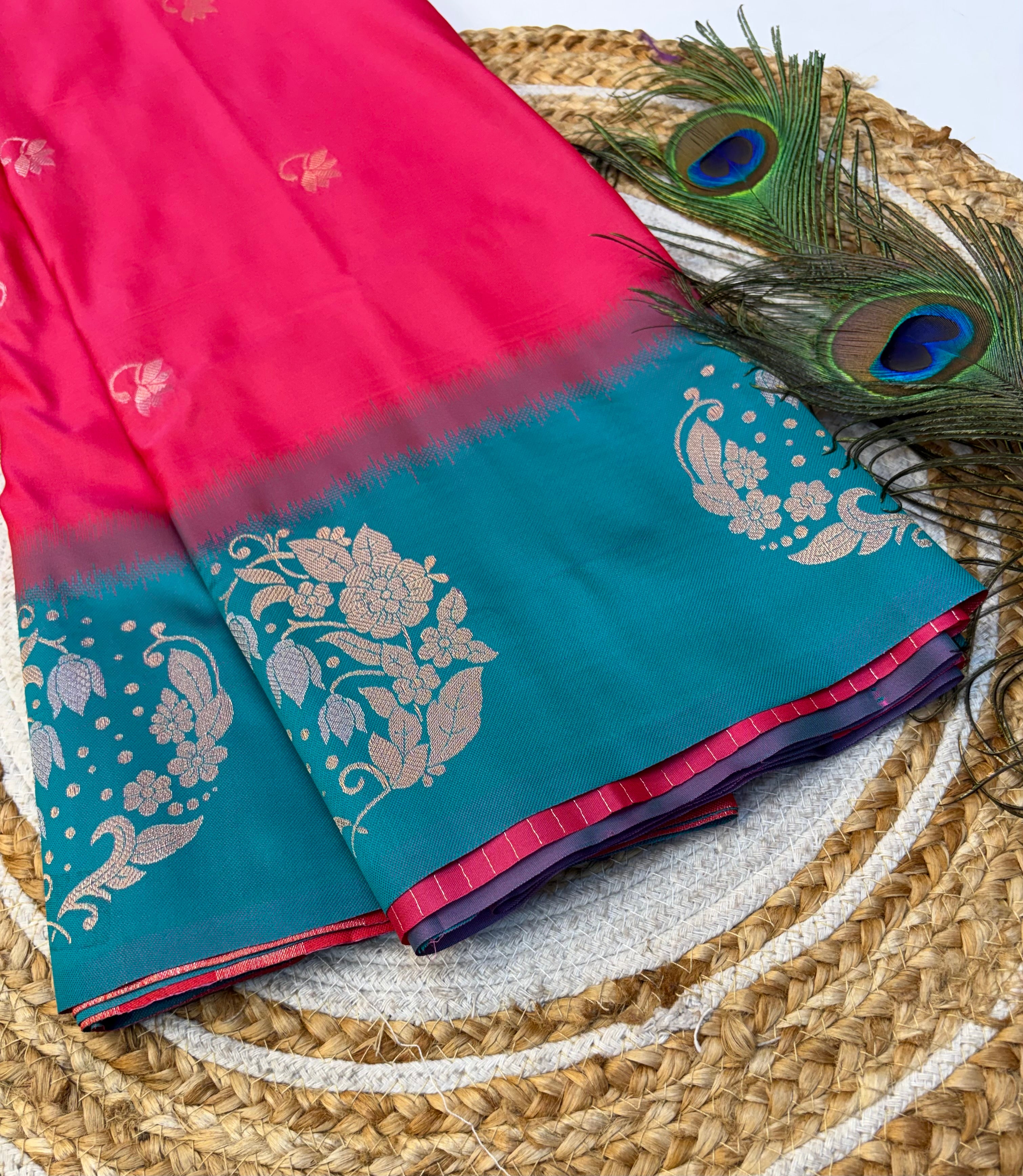 Soft Silk Saree Peaches PinkColour With BlueBorder -(KCSSS10)