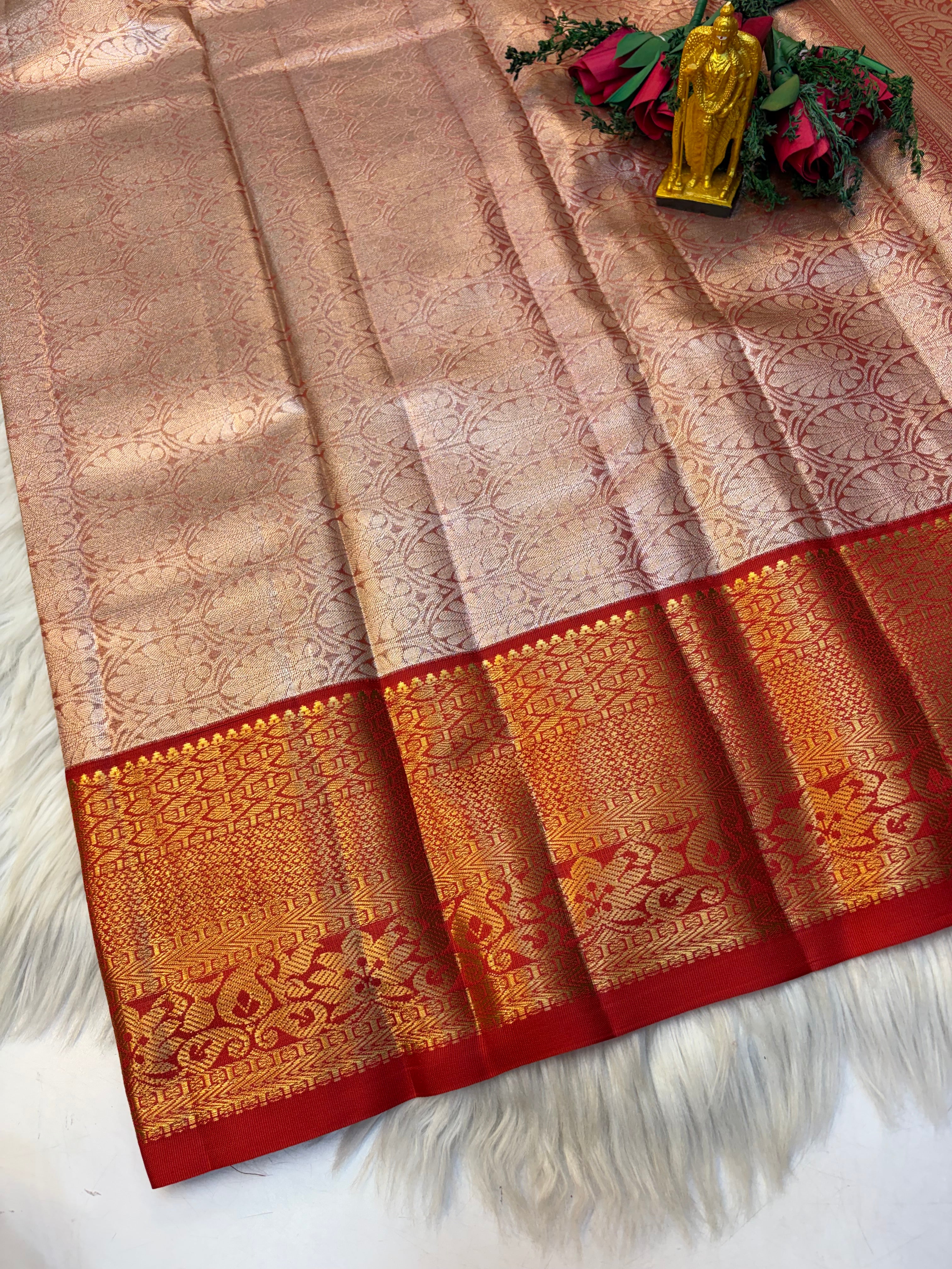 Parallel Lines Silk Saree Pastel Creamish Colour With Red Border- (KCSS0011)