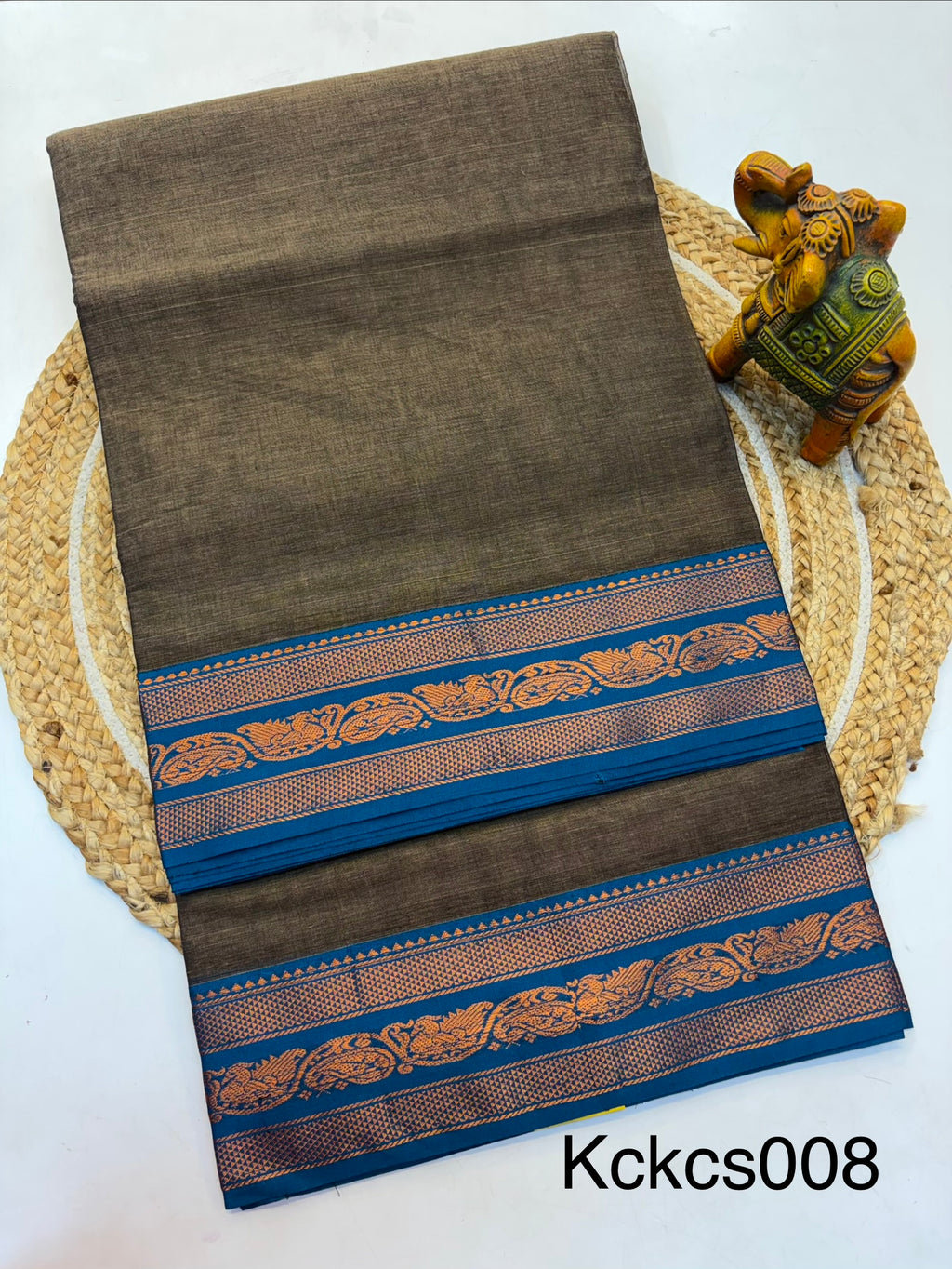 Kanchi cotton saree Grey and Contrast BlueBorder - KCKCS008