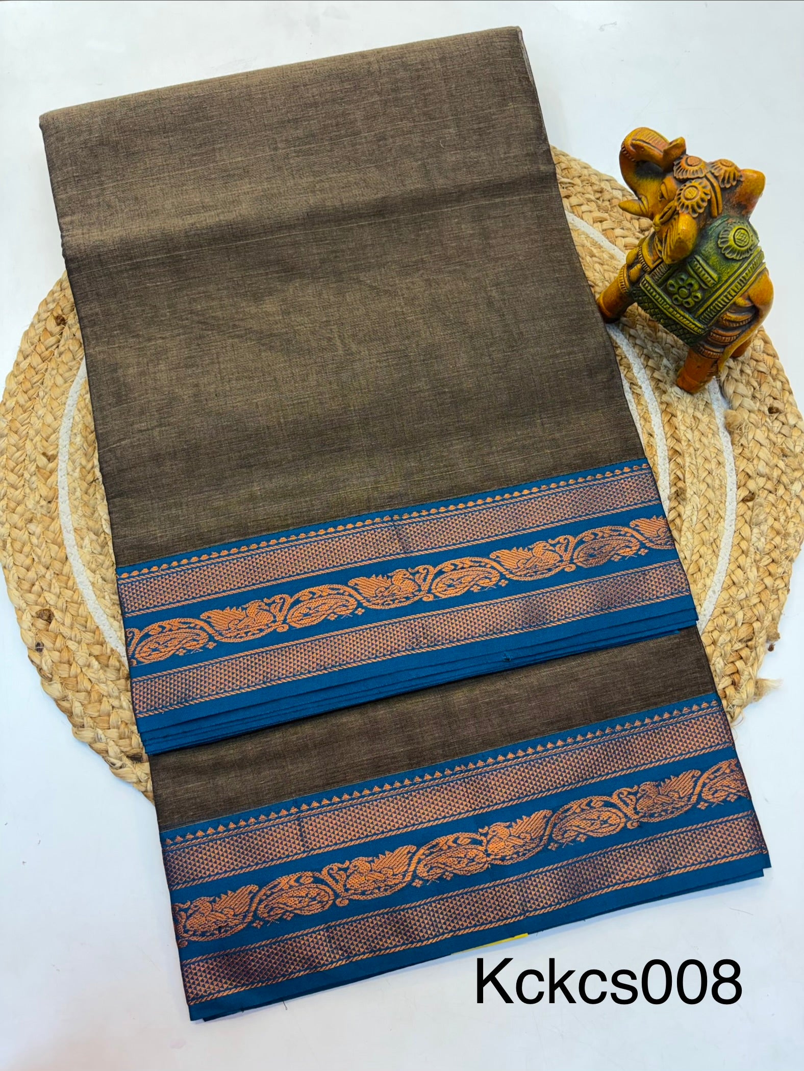 Kanchi cotton saree Grey and Contrast BlueBorder - KCKCS008