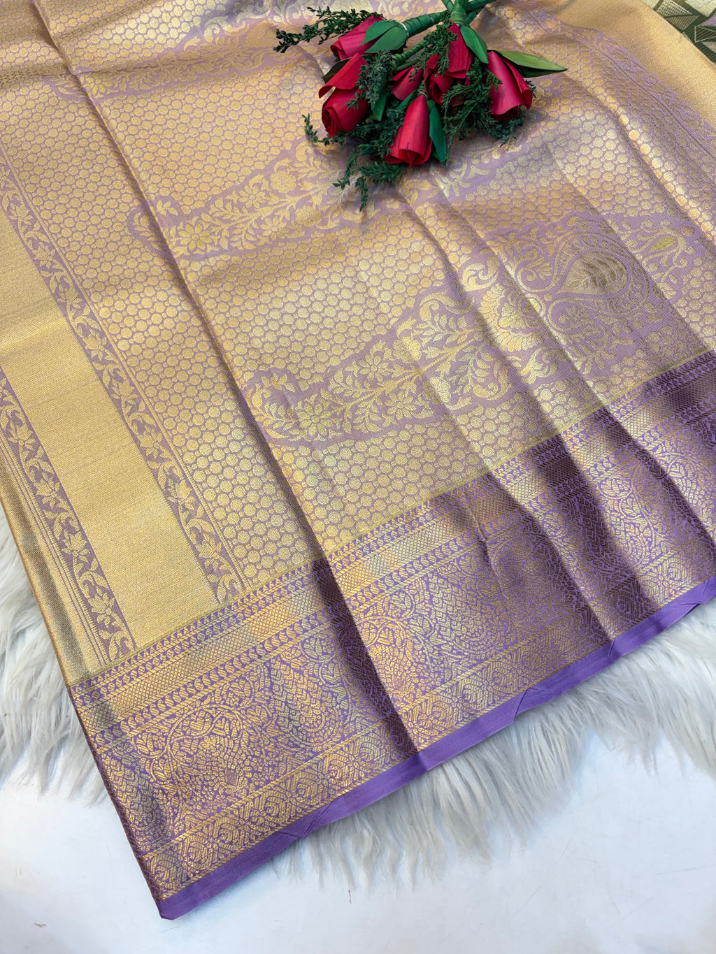Geometric Silk Saree Pastel Green With Lavender Border -(KCSS005