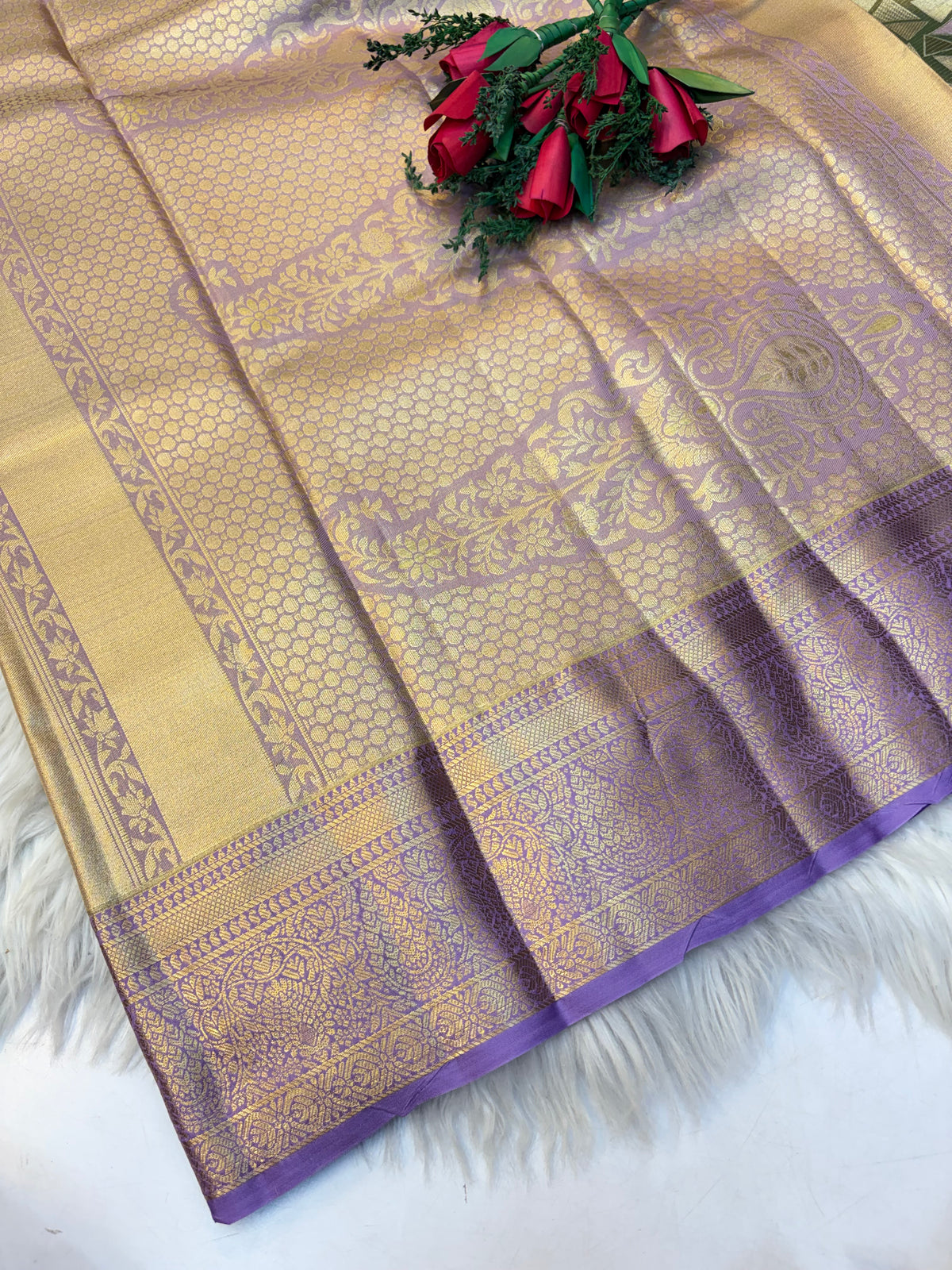 Geometric Silk Saree Pastel Green With Lavender Border -(KCSS005