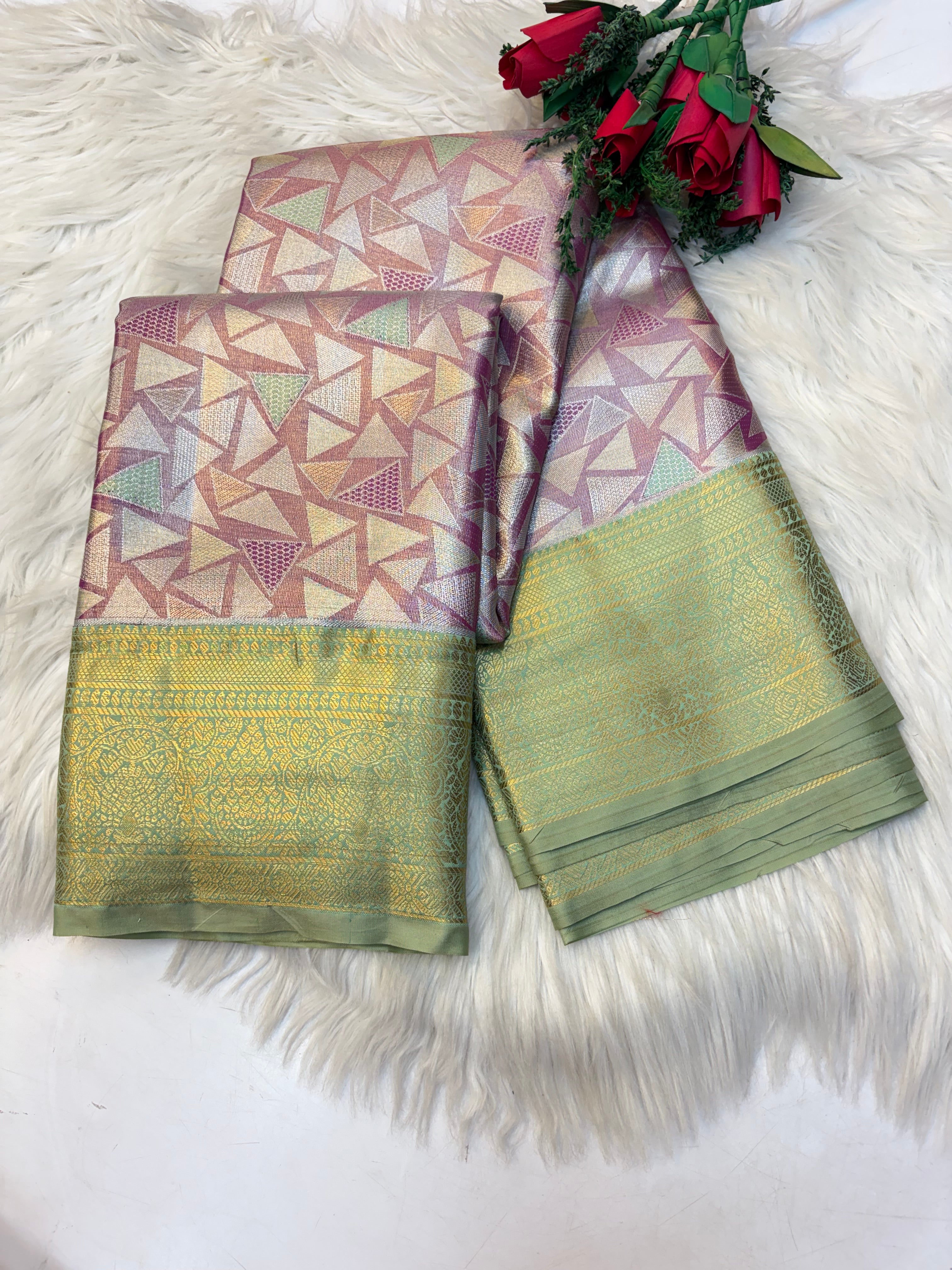 Geometric Silk Saree Pastel Lavender  With Apple Green Border  -(KCSS007) (Copy)
