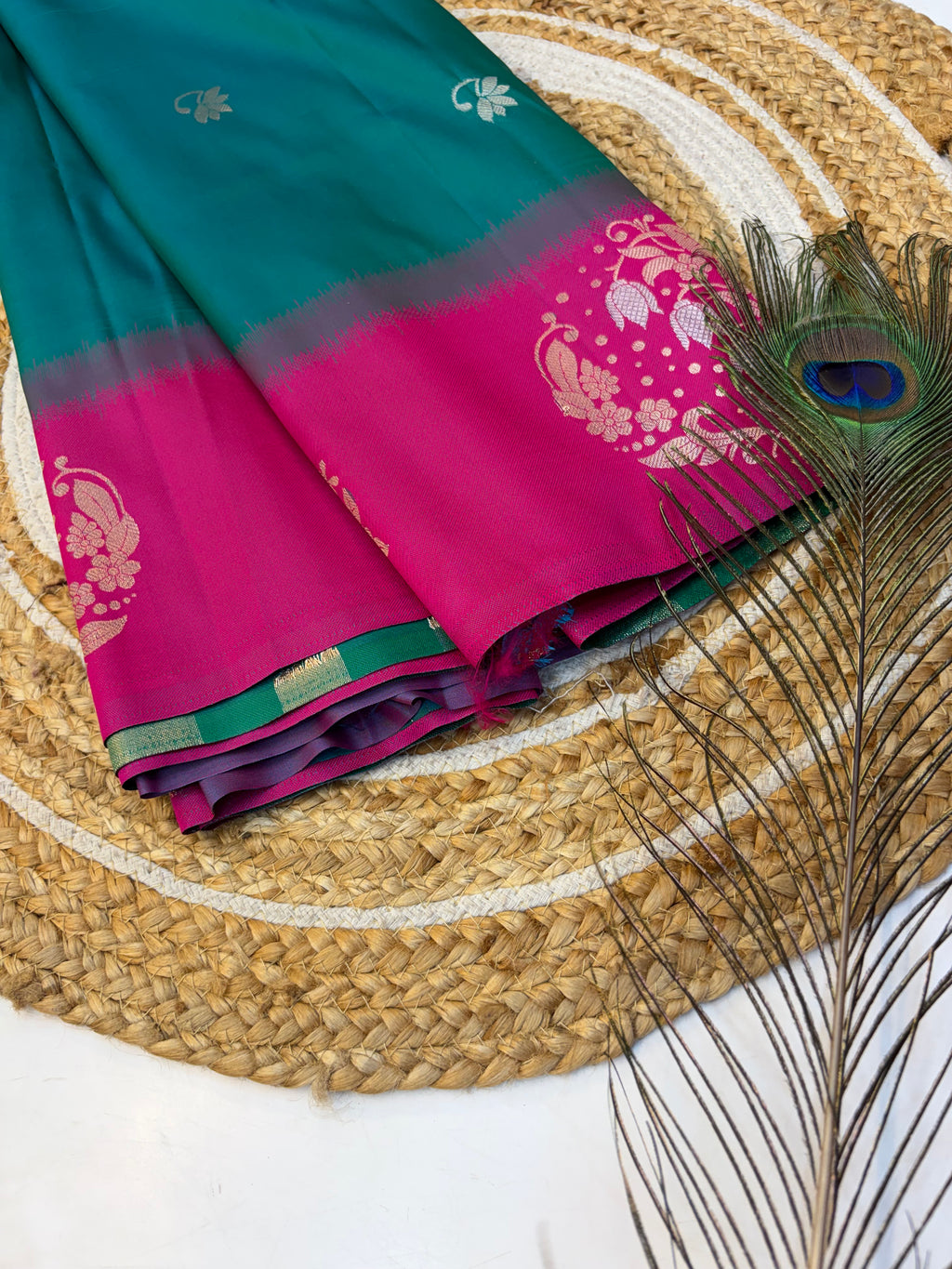 Soft Silk Saree Peacock Green Colour With Rani Pink Border -(KCSSS06)