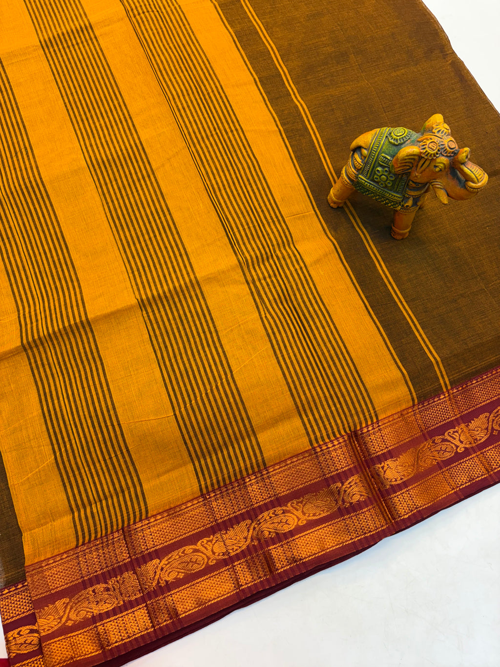 Kanchi cotton saree Mustard and Contrast Maroon Border - KCKCS002