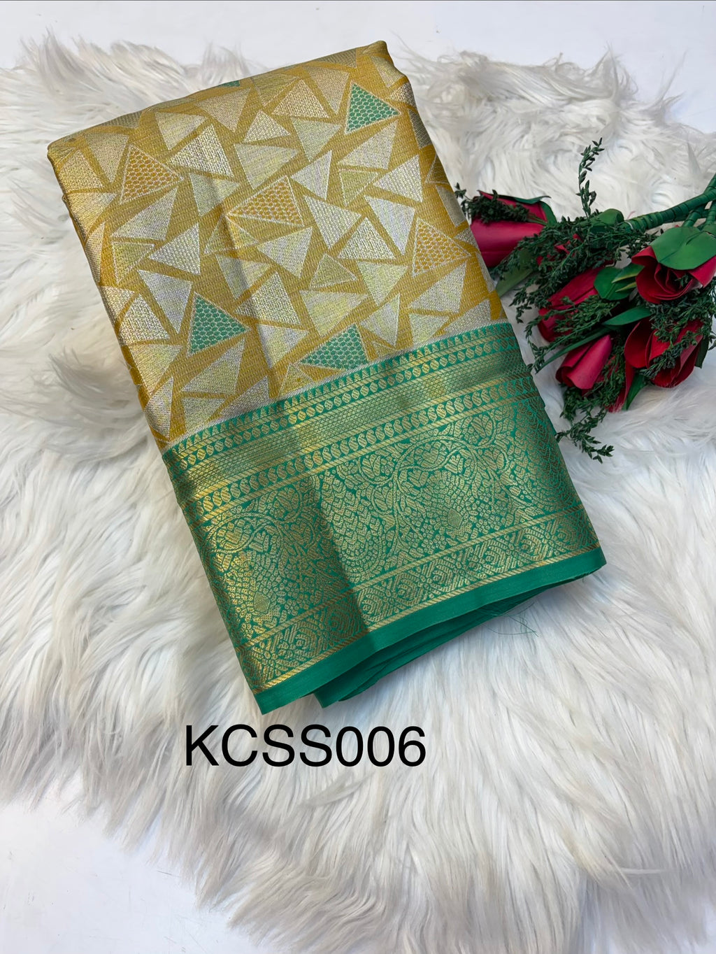 Geometric Silk Saree Lite Mustard With Green Border  -(KCSS006) (Copy)
