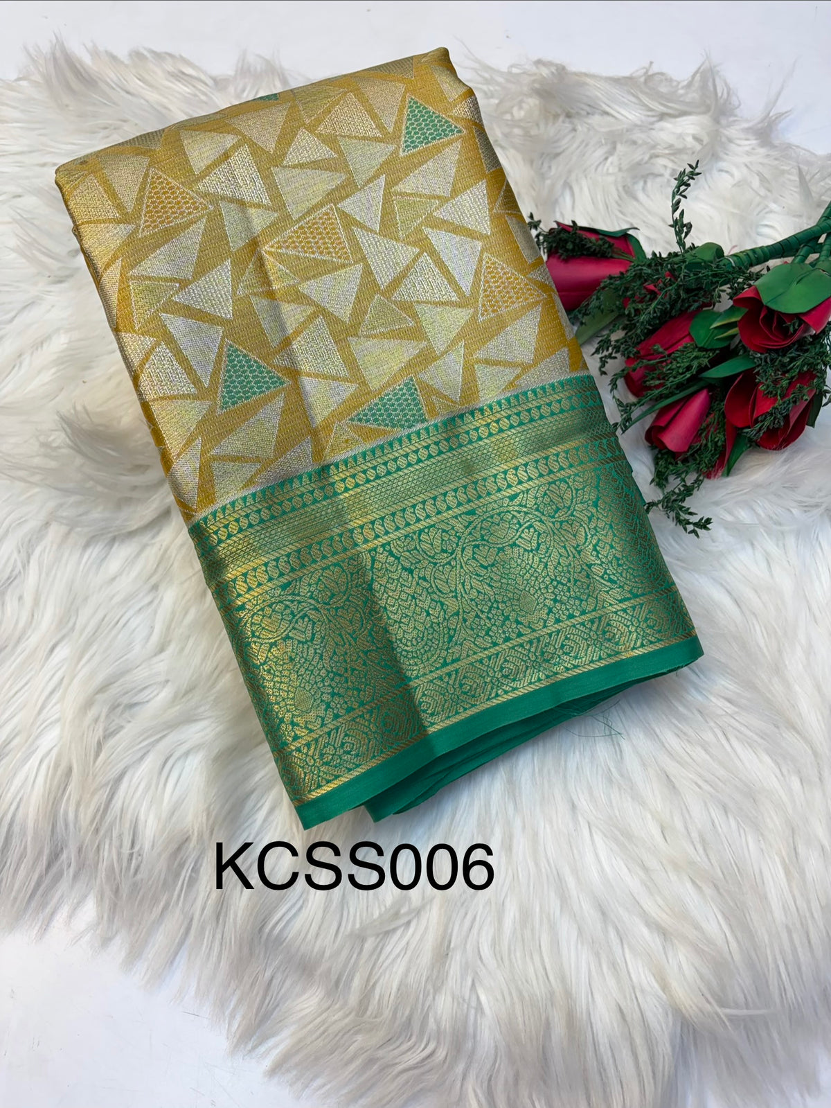 Geometric Silk Saree Lite Mustard With Green Border  -(KCSS006) (Copy)