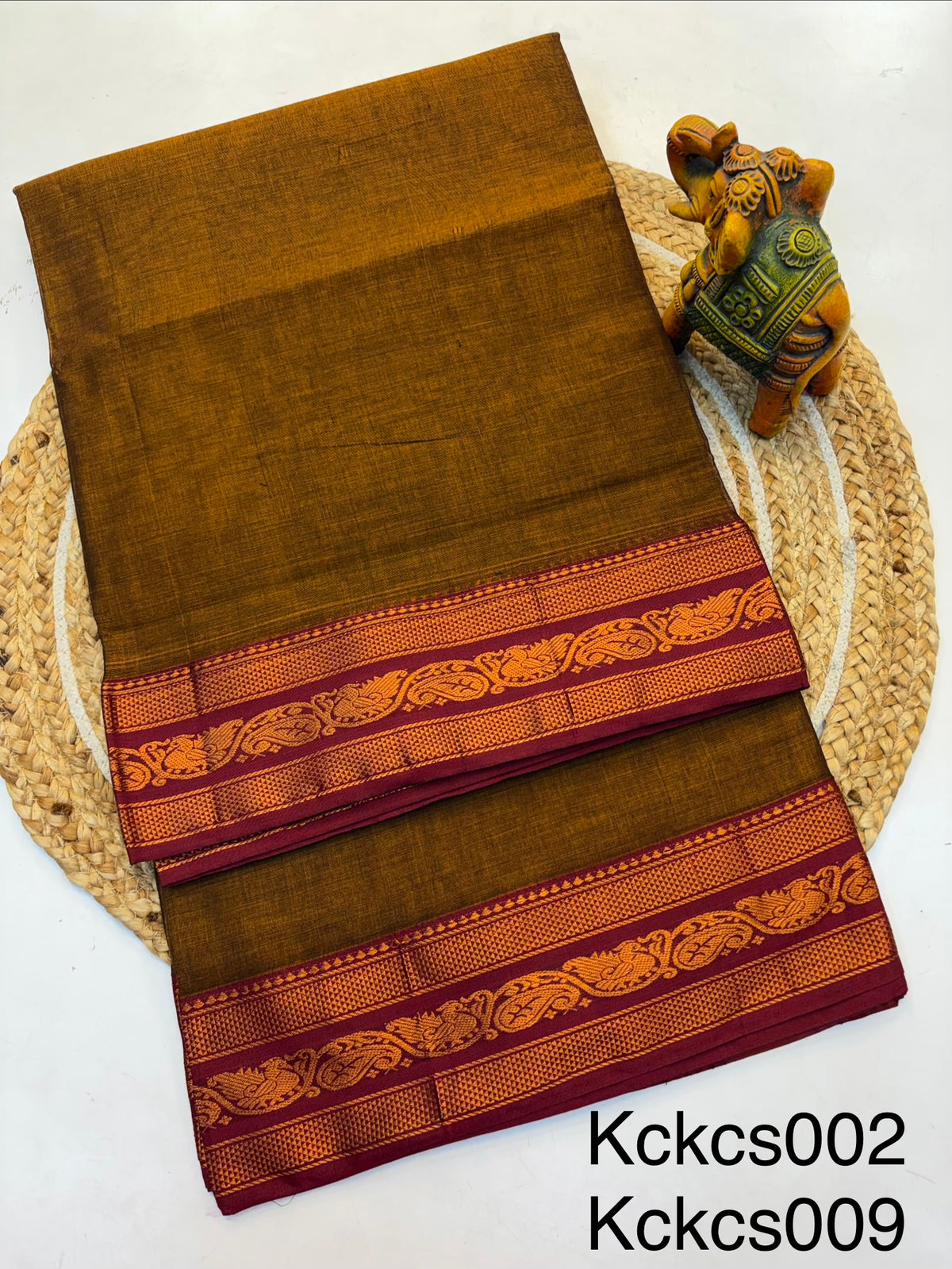 Kanchi cotton saree Mustard and Contrast Maroon Border - KCKCS002