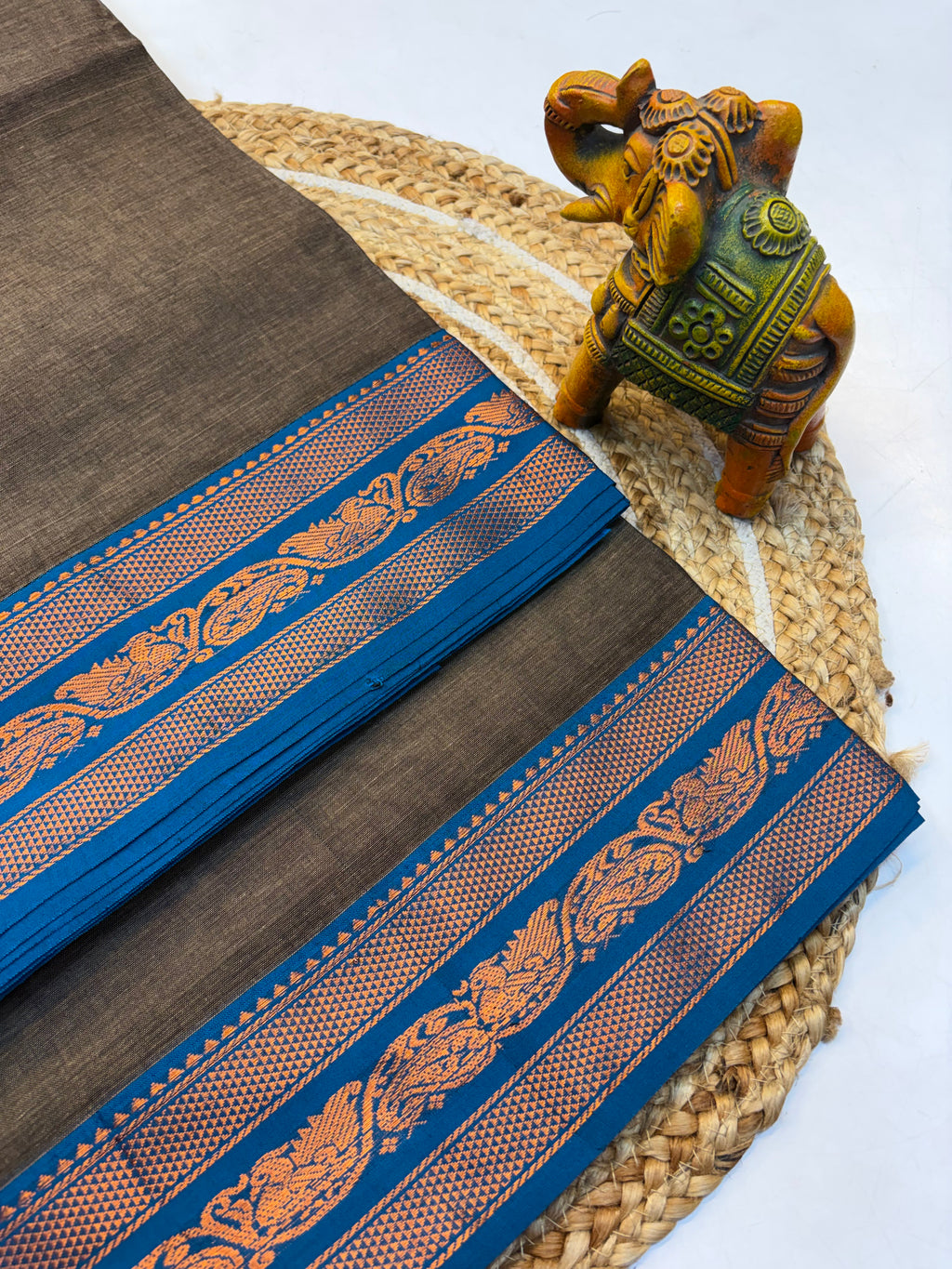 Kanchi cotton saree Grey and Contrast BlueBorder - KCKCS008