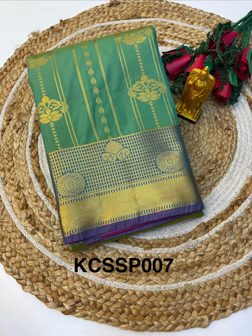Silk Saree Pattu Pastel Green (Olive) With Purple Border  -(KCSS007)