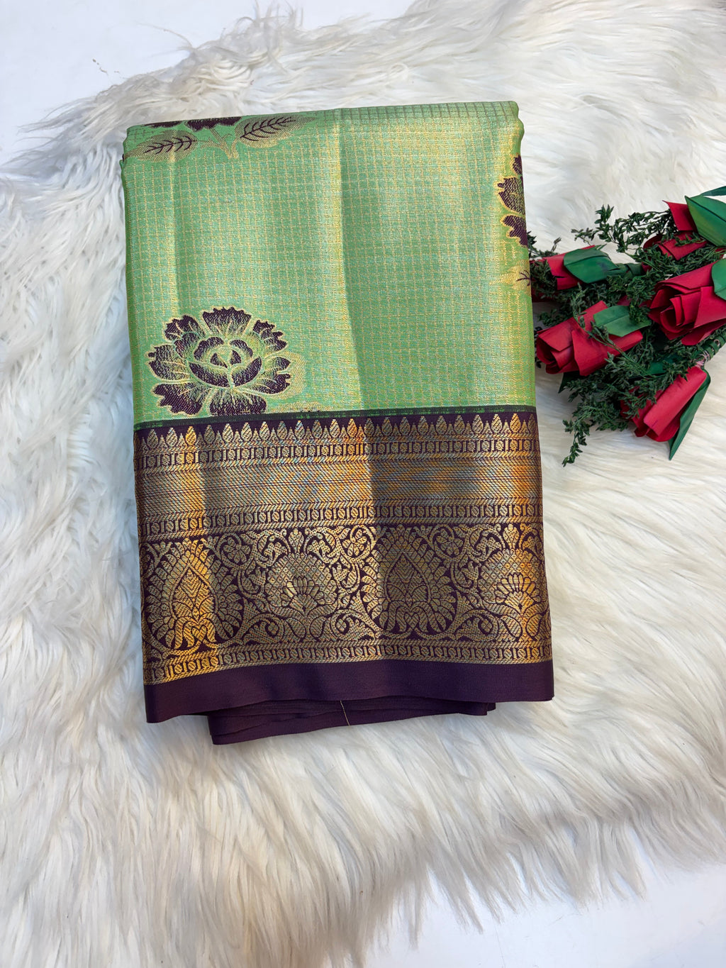 Checked Silk Saree Pastel Green with Dark Purple Contrast Border -KCSS004 (Copy 2)