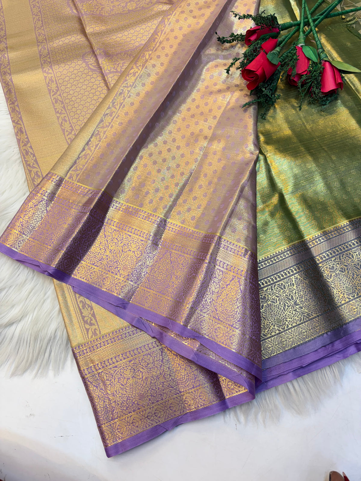 Geometric Silk Saree Pastel Green With Lavender Border -(KCSS005