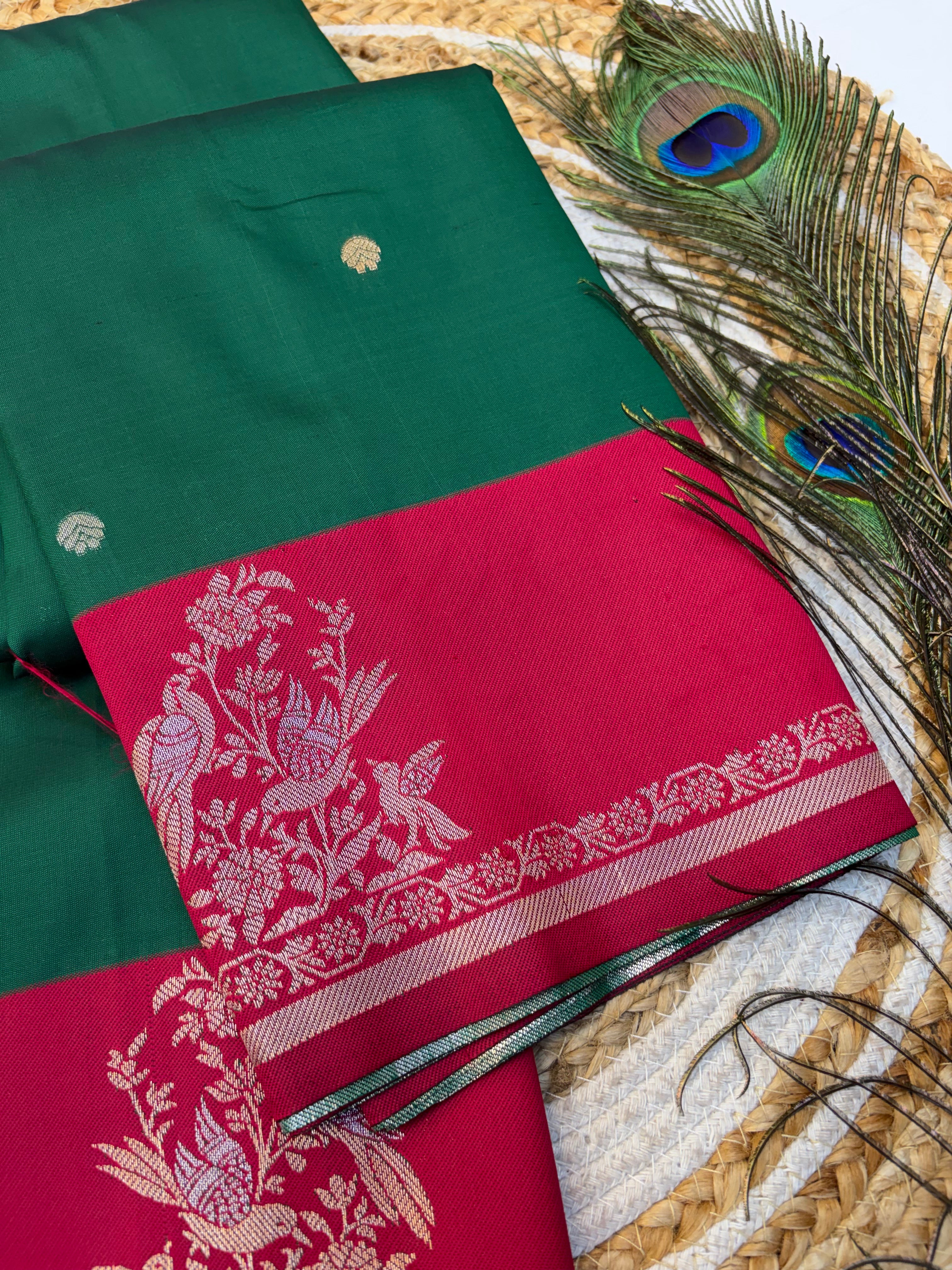 Soft Silk Saree Dark Green Colour With Reddish pink Border -(KCSSS02)