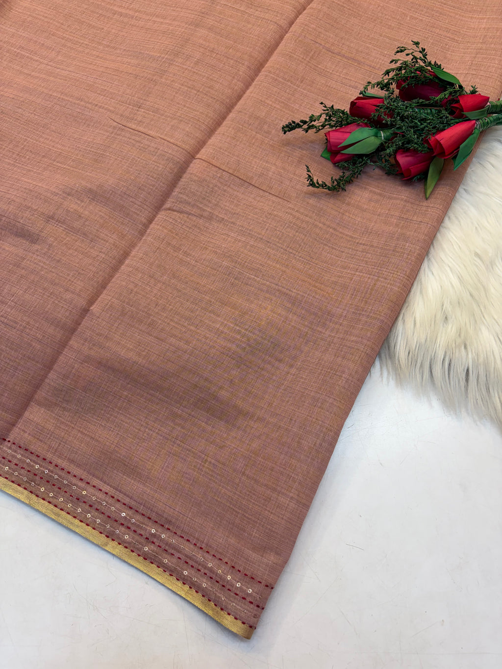Lenin Embroidery saree Light Onion colour- KCLB004