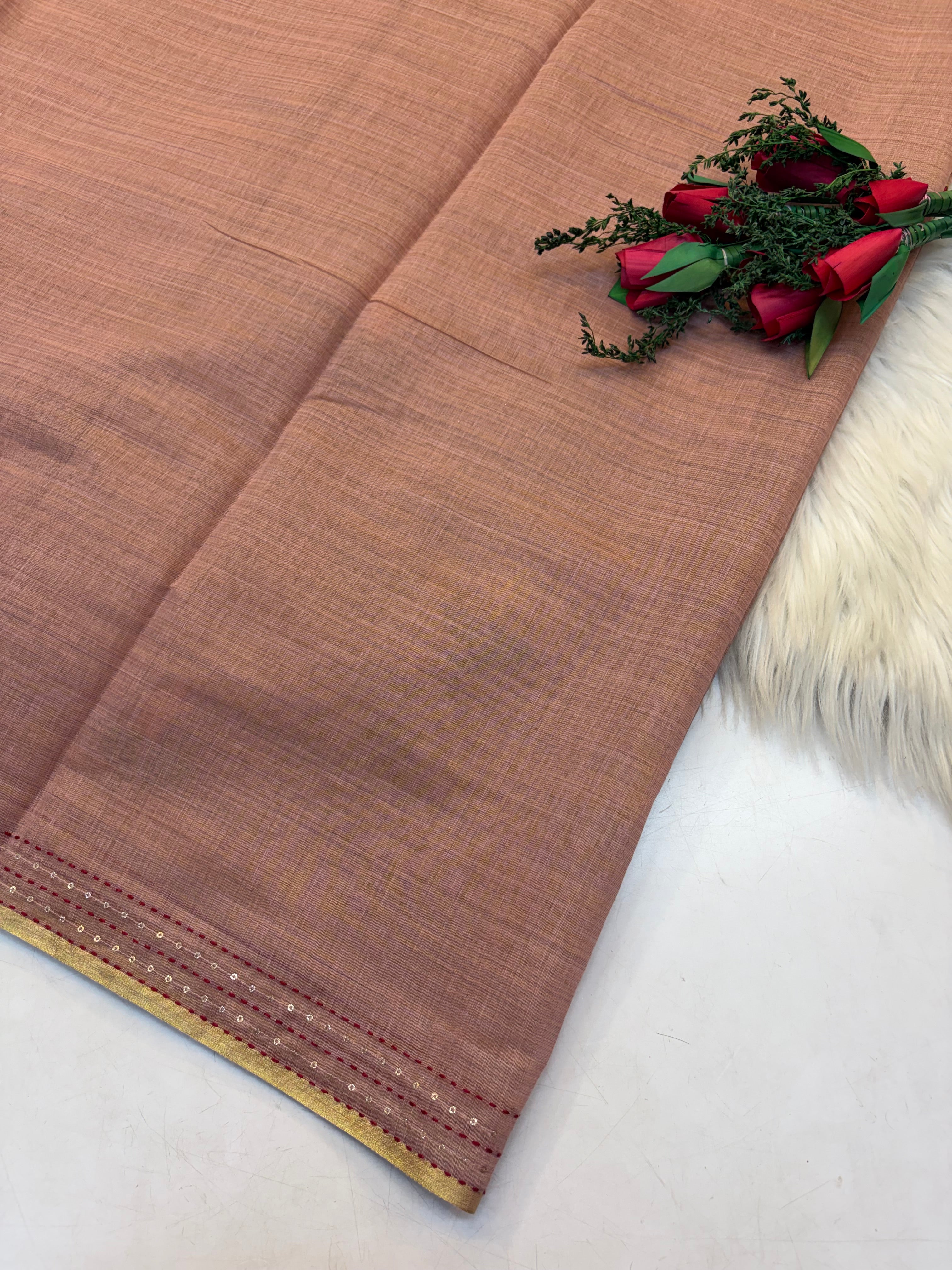 Lenin Embroidery saree Light Onion colour- KCLB004