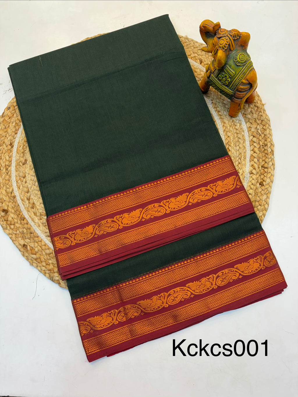 Kanchi cotton saree Bottle Green and Contrast Maroon Border - KCKCS001