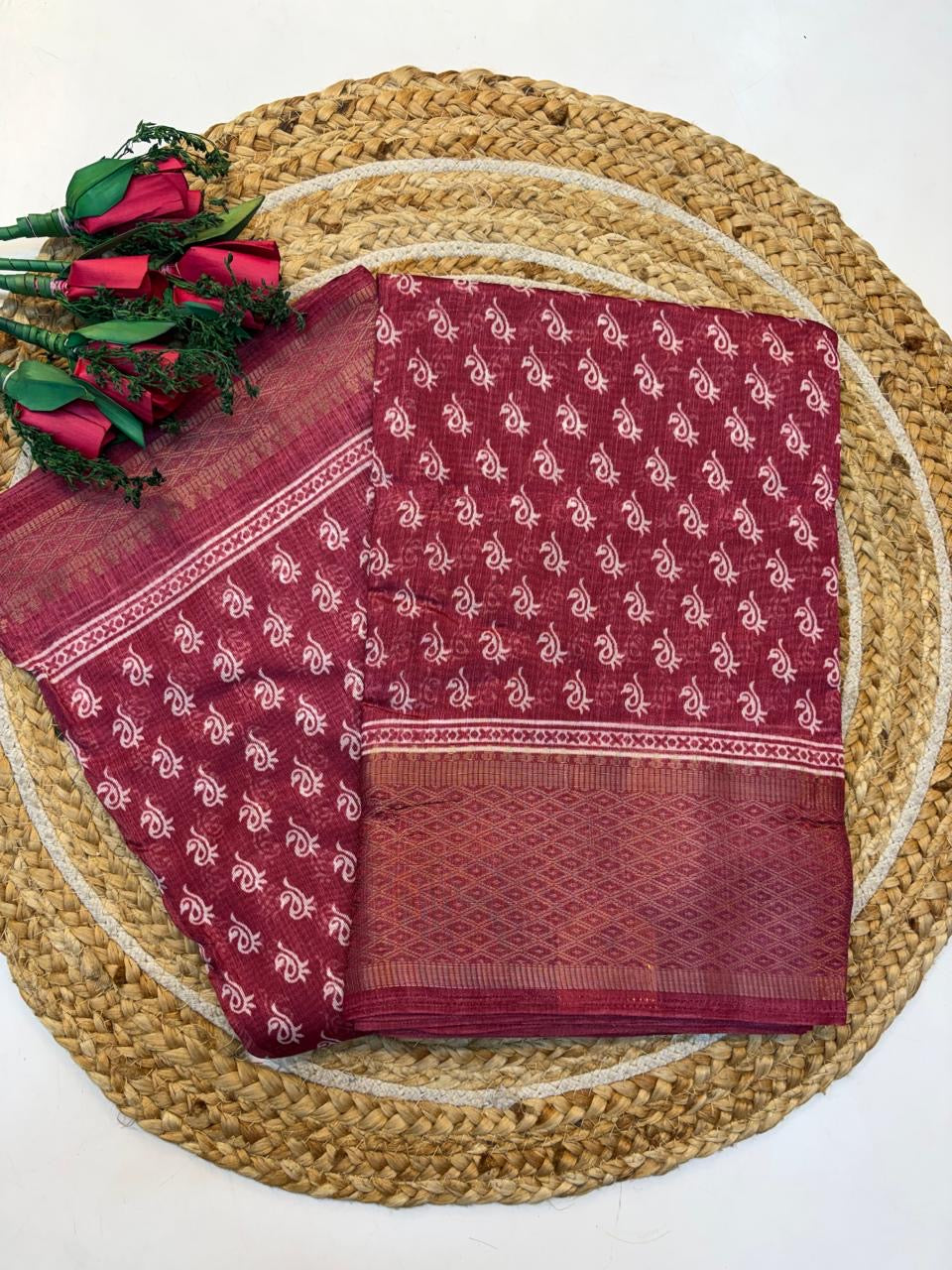 Fancy Cotton Blend Saree With Blouse, Fabulous Look and Budget-friendly pricing.(KCJC22)