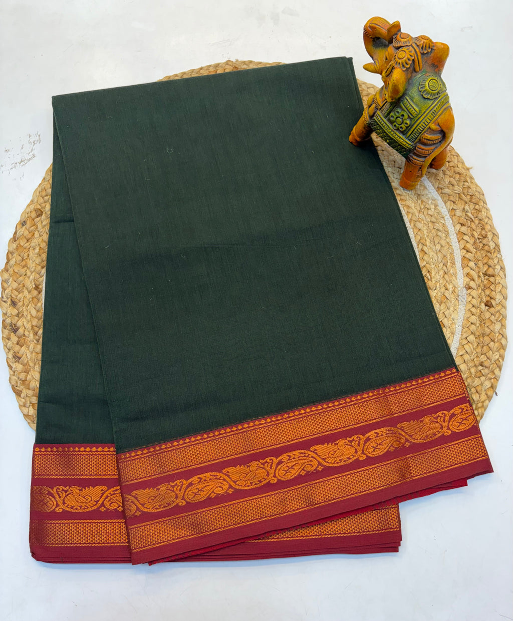 Kanchi cotton saree Bottle Green and Contrast Maroon Border - KCKCS001