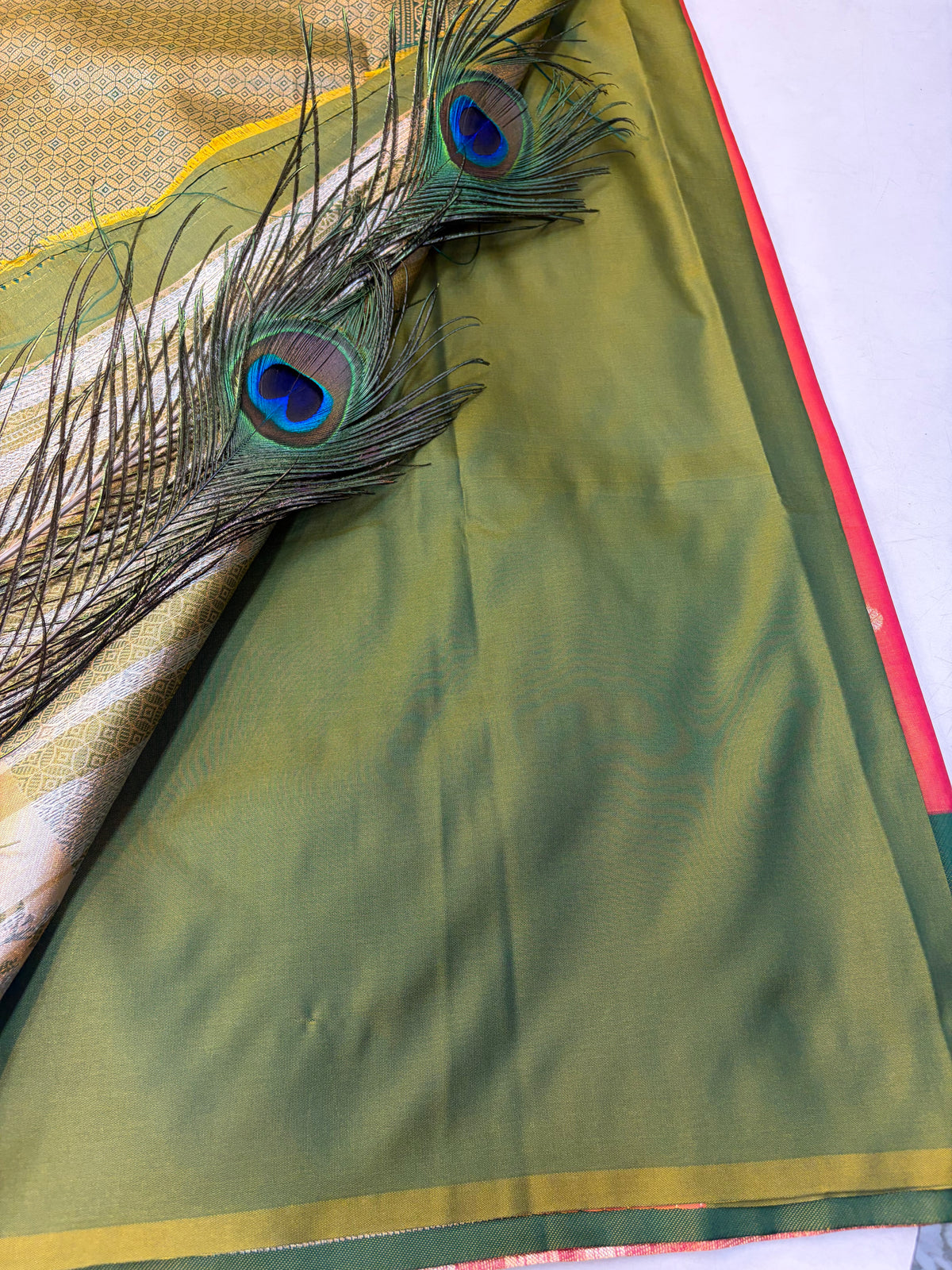 Soft Silk Saree Peachish Colour With Green Border -(KCSSS03)