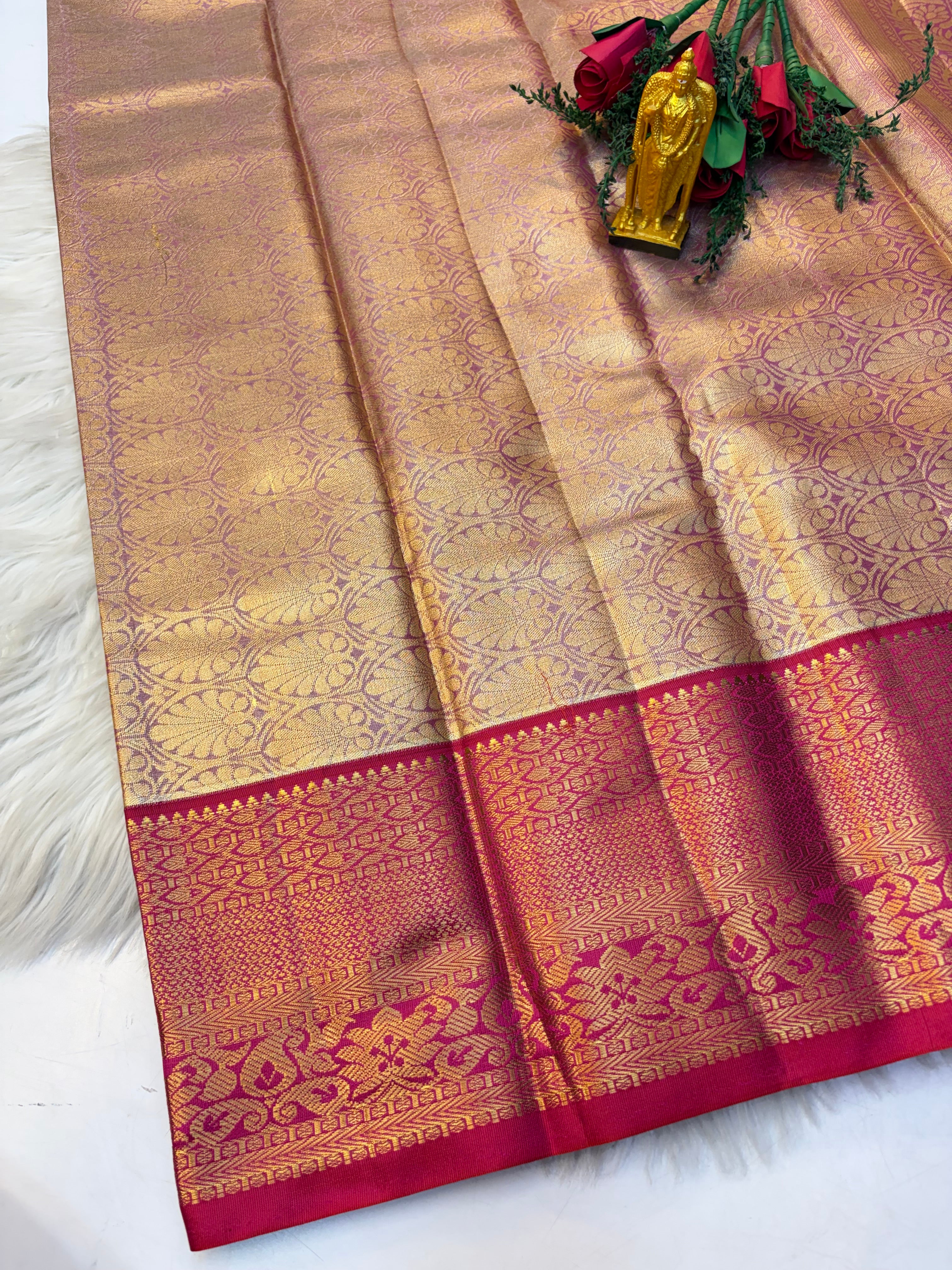 Parallel Lines Silk Saree Greenish With Contrast Red Border - (KCSS0010)