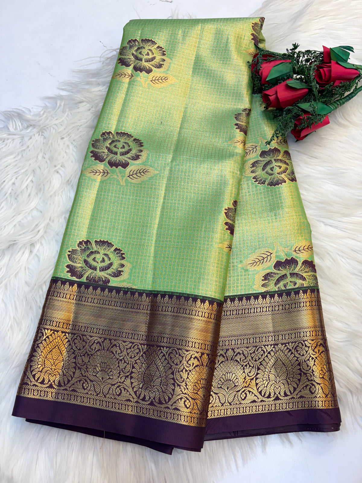 Checked Silk Saree Pastel Green with Dark Purple Contrast Border -KCSS004 (Copy 2)