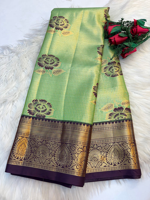Checked Silk Saree Pastel Green with Dark Purple Contrast Border -KCSS004 (Copy 2)