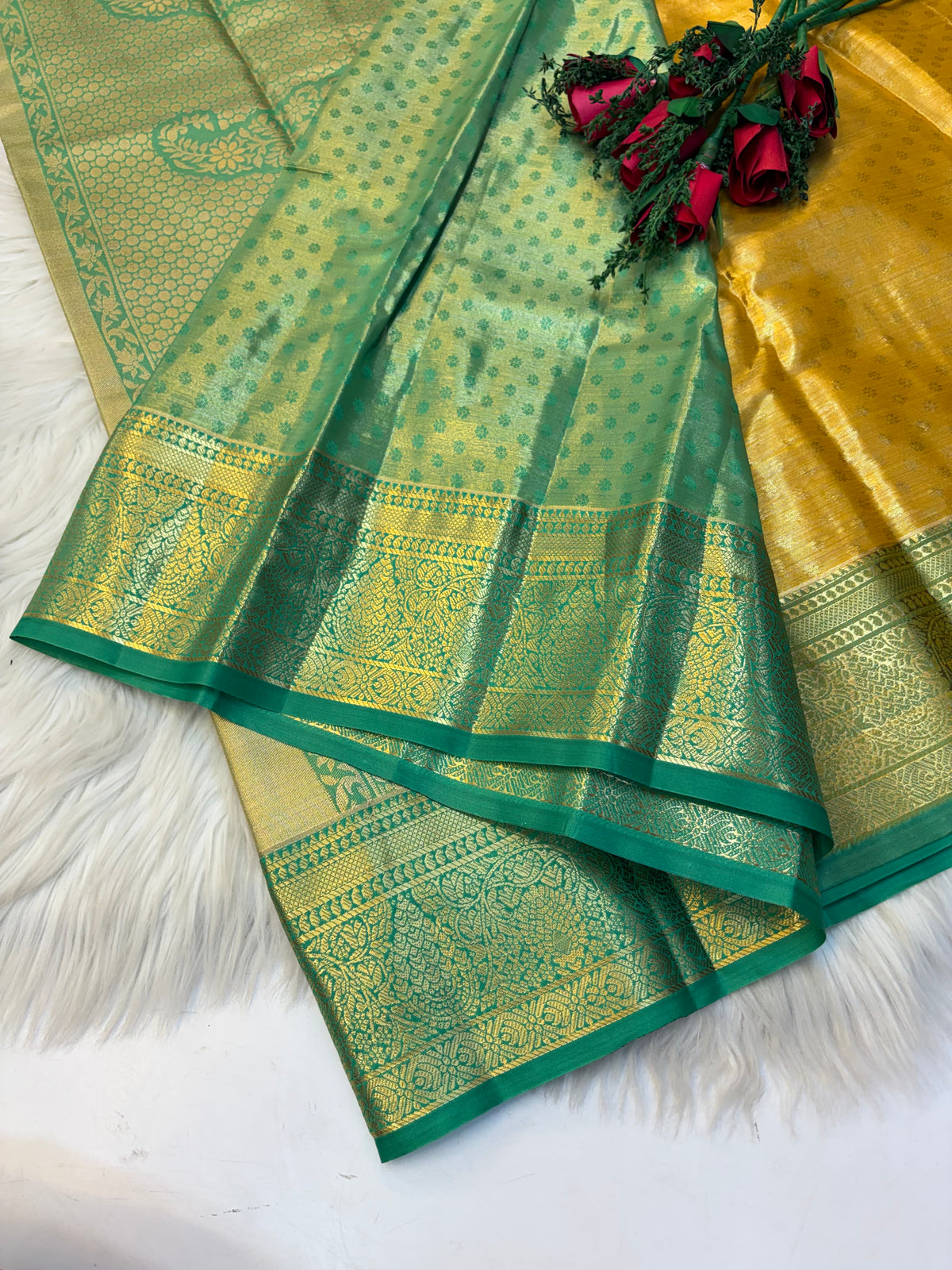 Geometric Silk Saree Lite Mustard With Green Border  -(KCSS006) (Copy)