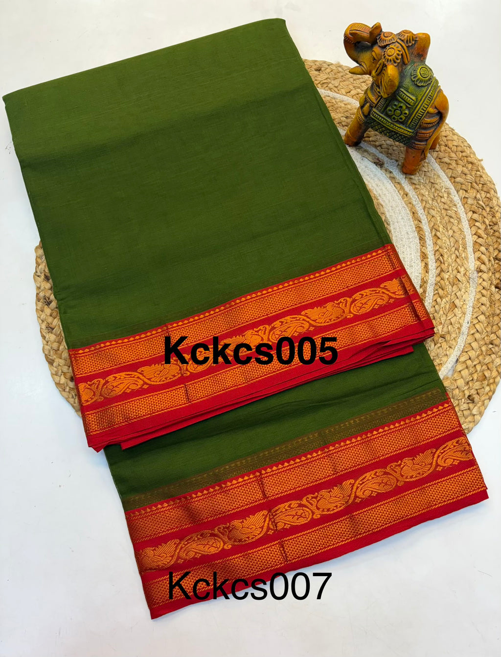 Kanchi cotton saree Mehandi Green Contrast RedBorder - KCKCS005
