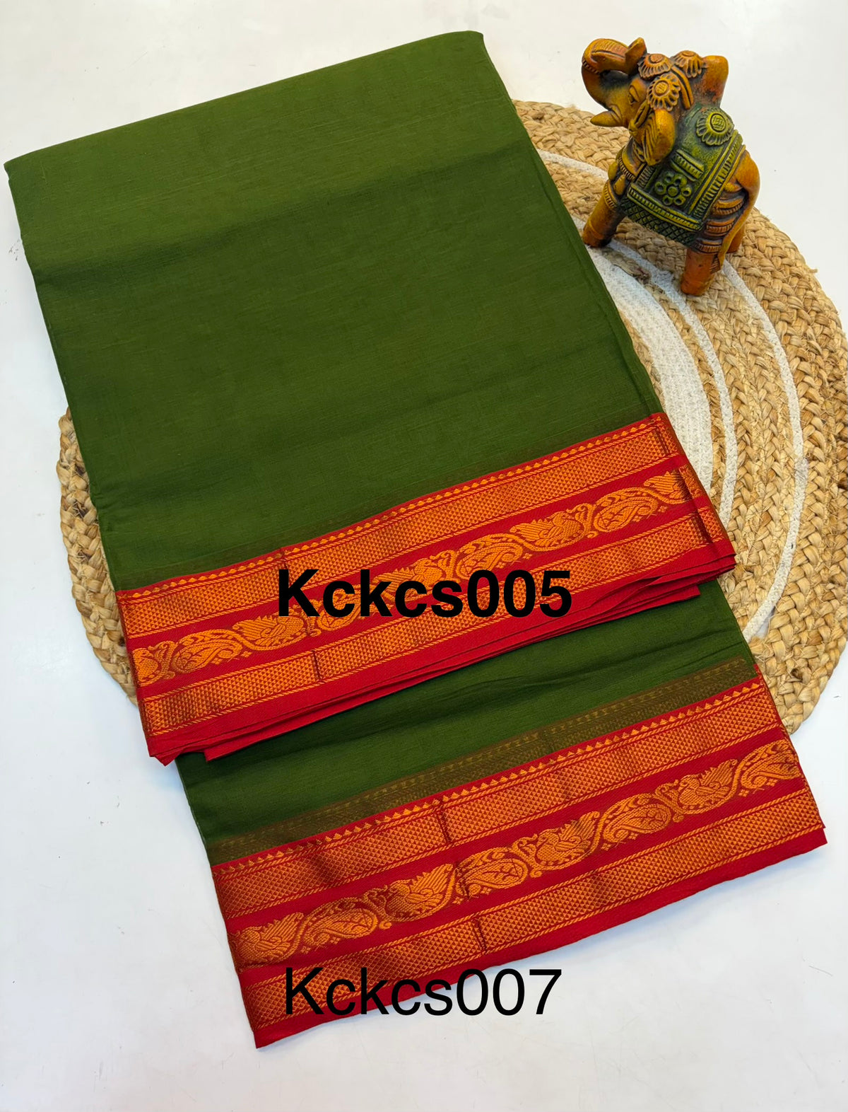 Kanchi cotton saree Mehandi Green Contrast RedBorder - KCKCS005