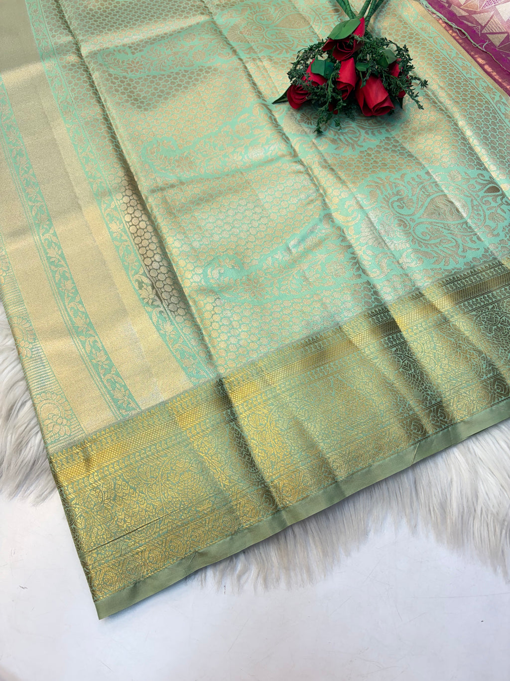 Geometric Silk Saree Pastel Lavender  With Apple Green Border  -(KCSS007) (Copy)