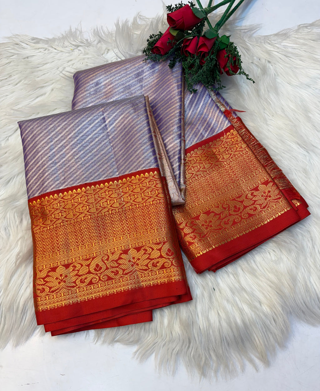 Parallel Lines Silk Saree Lavender Silk Saree With Red Border - (KCSS0012