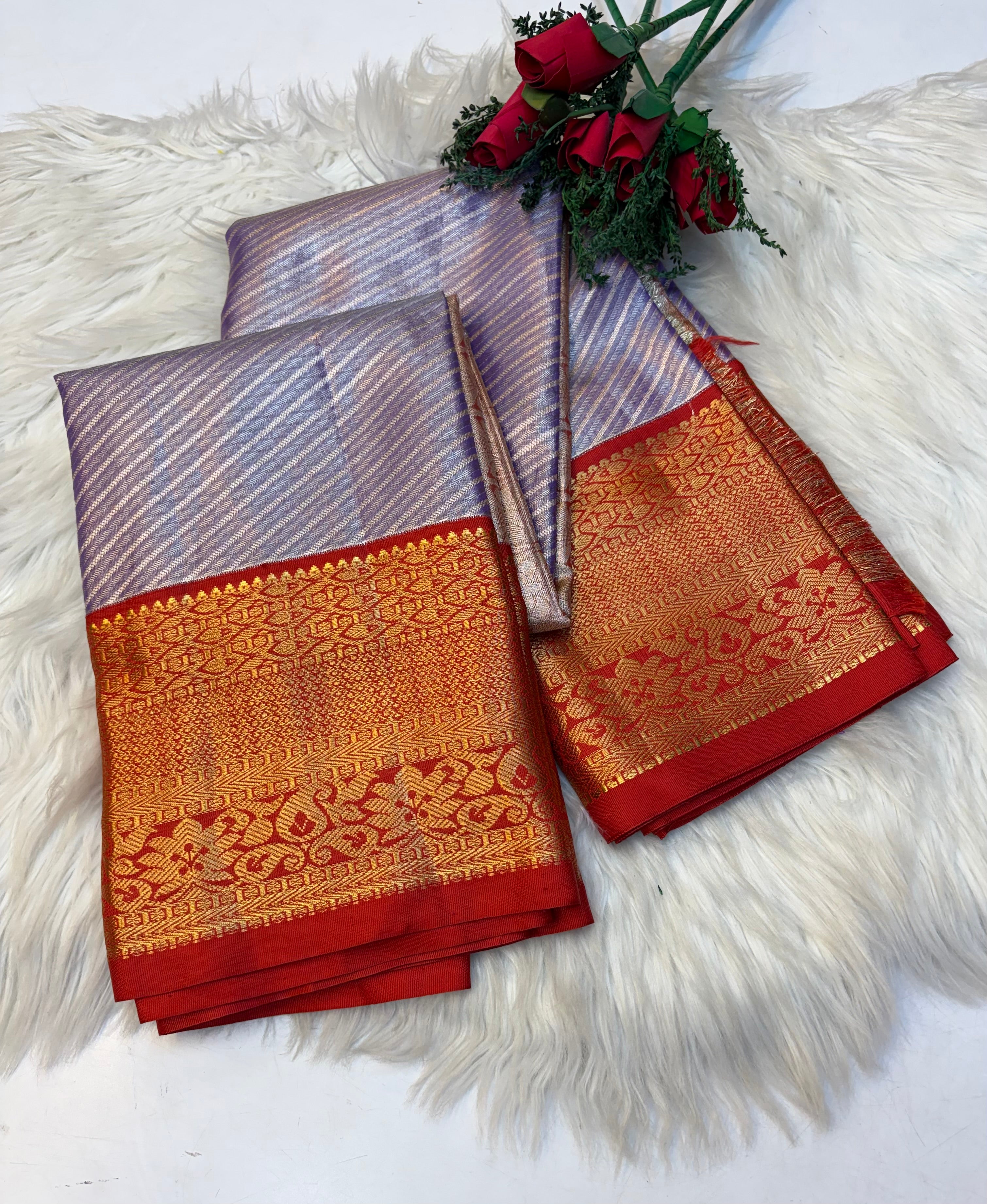Parallel Lines Silk Saree Lavender Silk Saree With Red Border - (KCSS0012