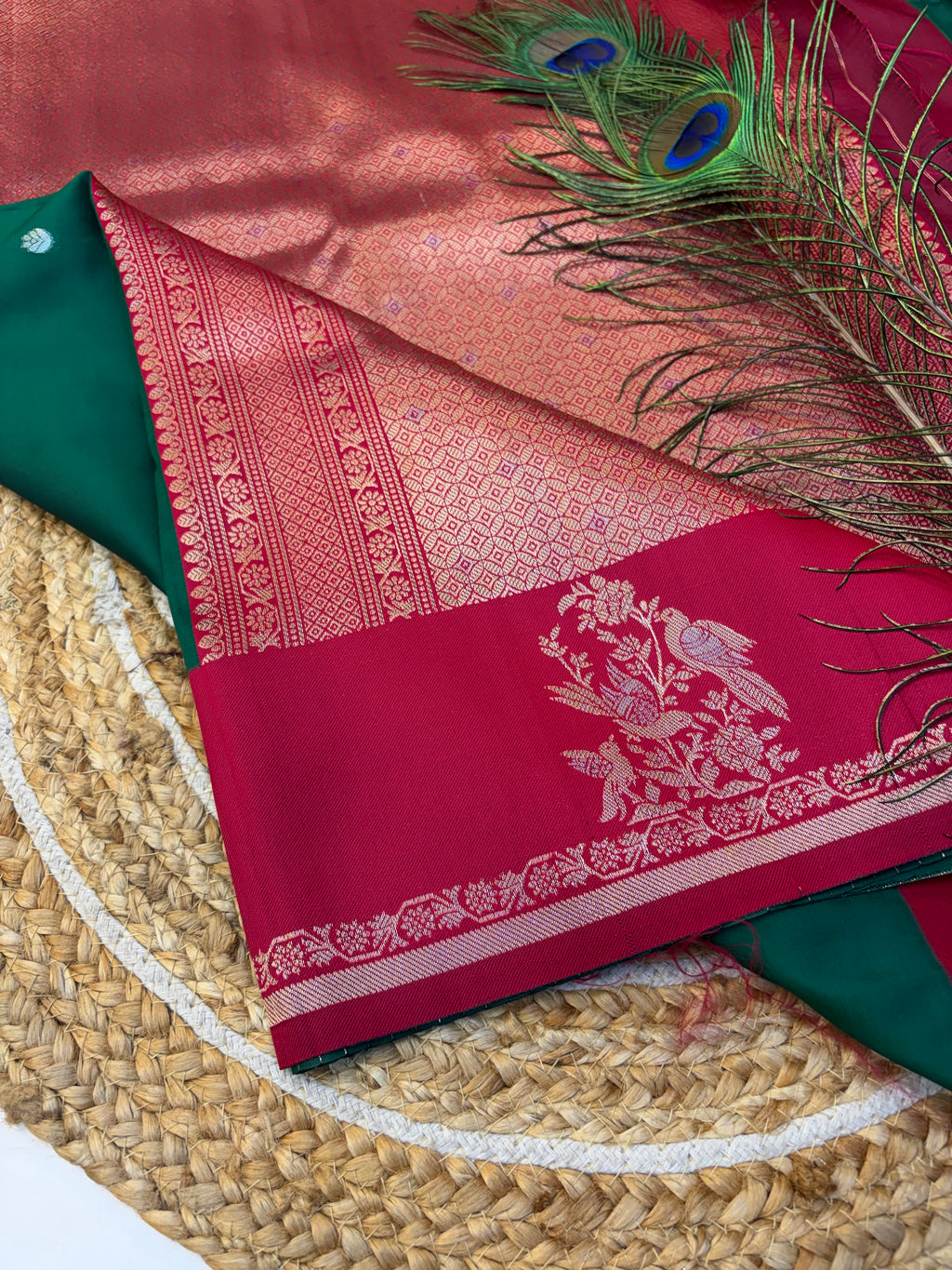 Soft Silk Saree Dark Green Colour With Reddish pink Border -(KCSSS02)