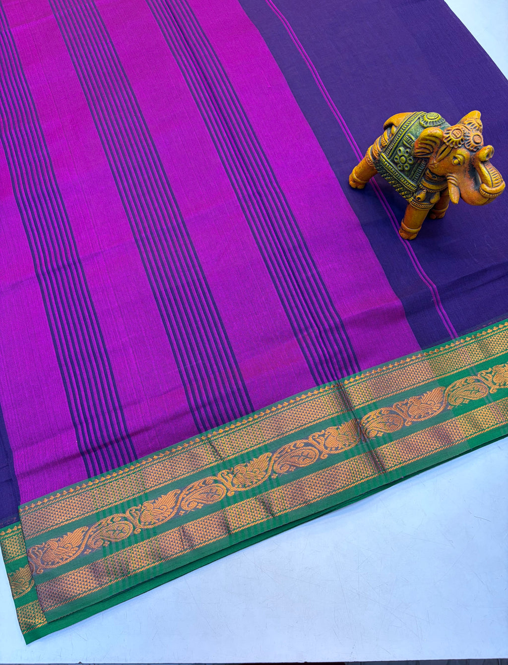 Kanchi cotton saree Dark Purple and Contrast Green Border - KCKCS004