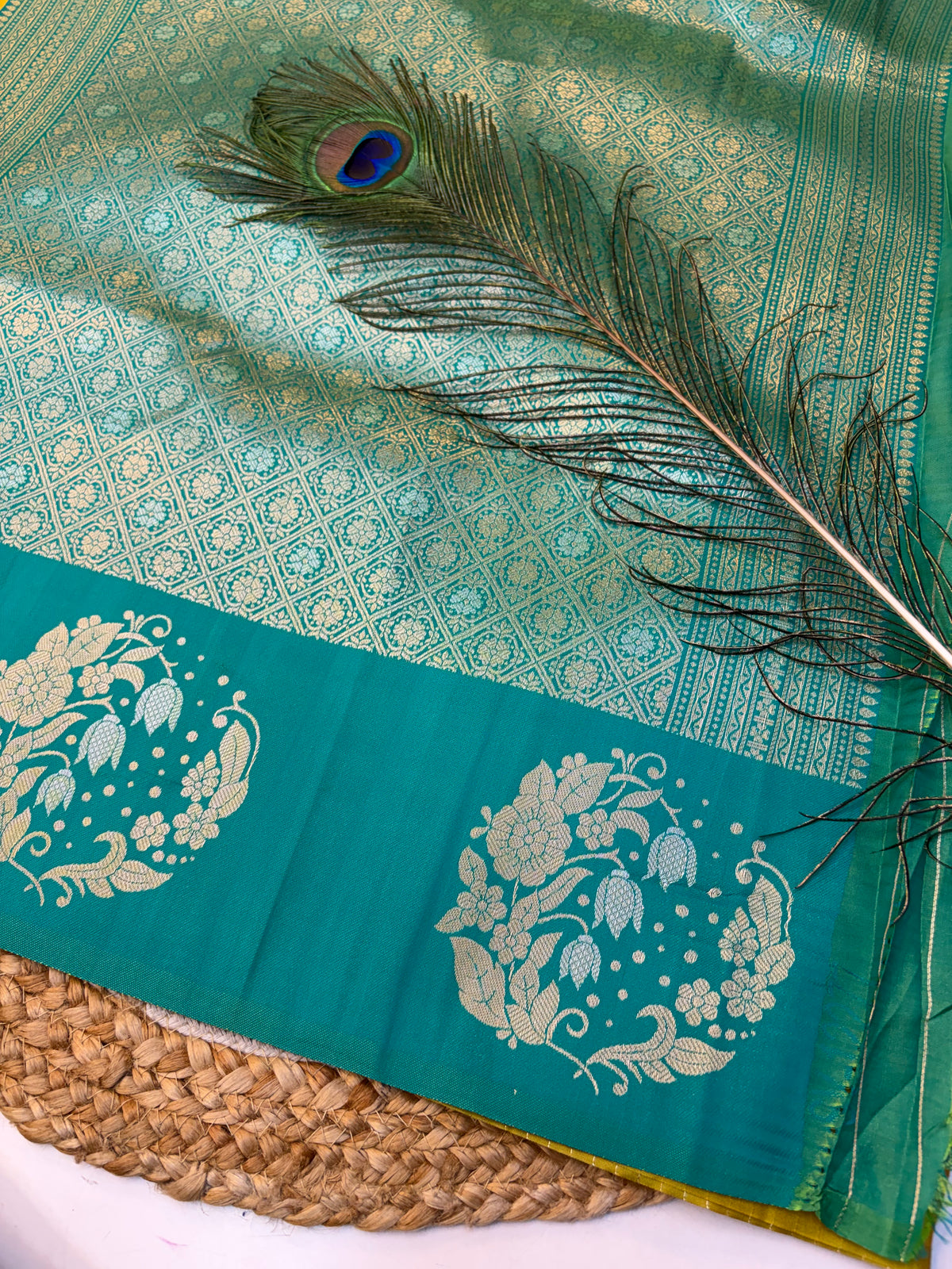 Soft Silk Saree Yellow Colour With Peacock Blue Border -(KCSSS07)
